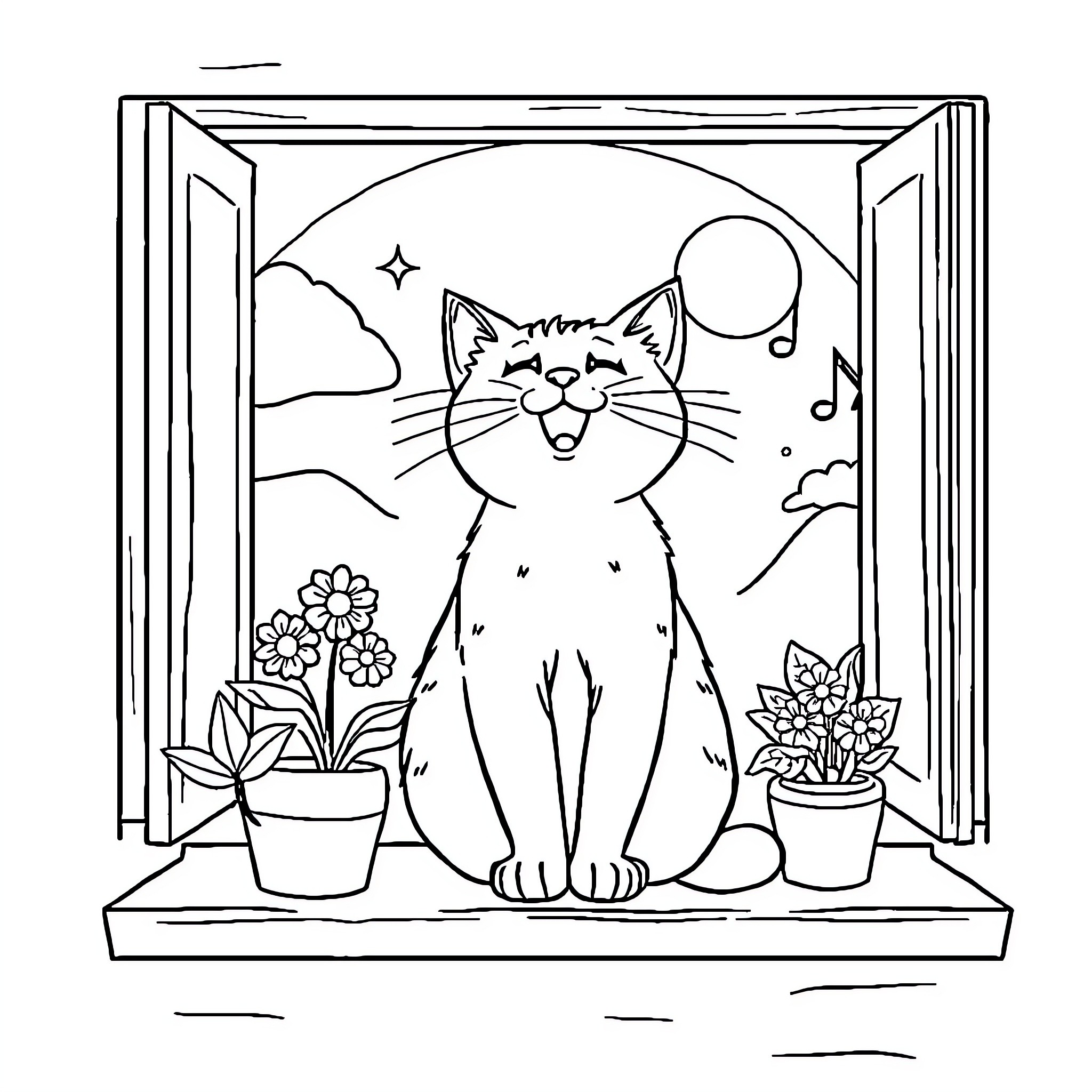 Cat singing happily in the window Coloring Page (free black-and-white line drawing printable PDF for all, from beginners to advanced learners, including children, teens, adults, and seniors)