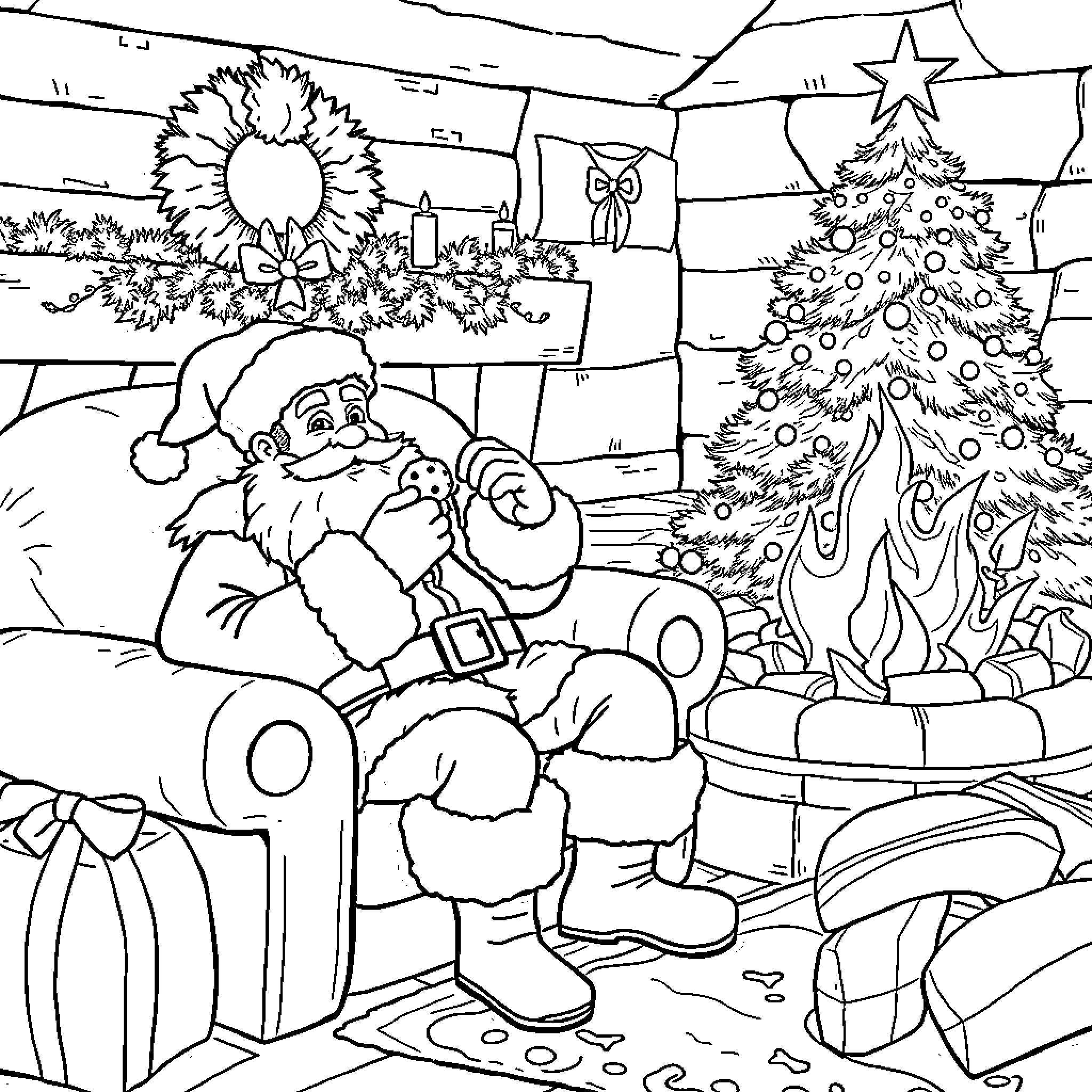 Santa Claus relaxing in his cozy workshop Coloring Page (free black-and-white line drawing printable PDF for all, from beginners to advanced learners, including children, teens, adults, and seniors)