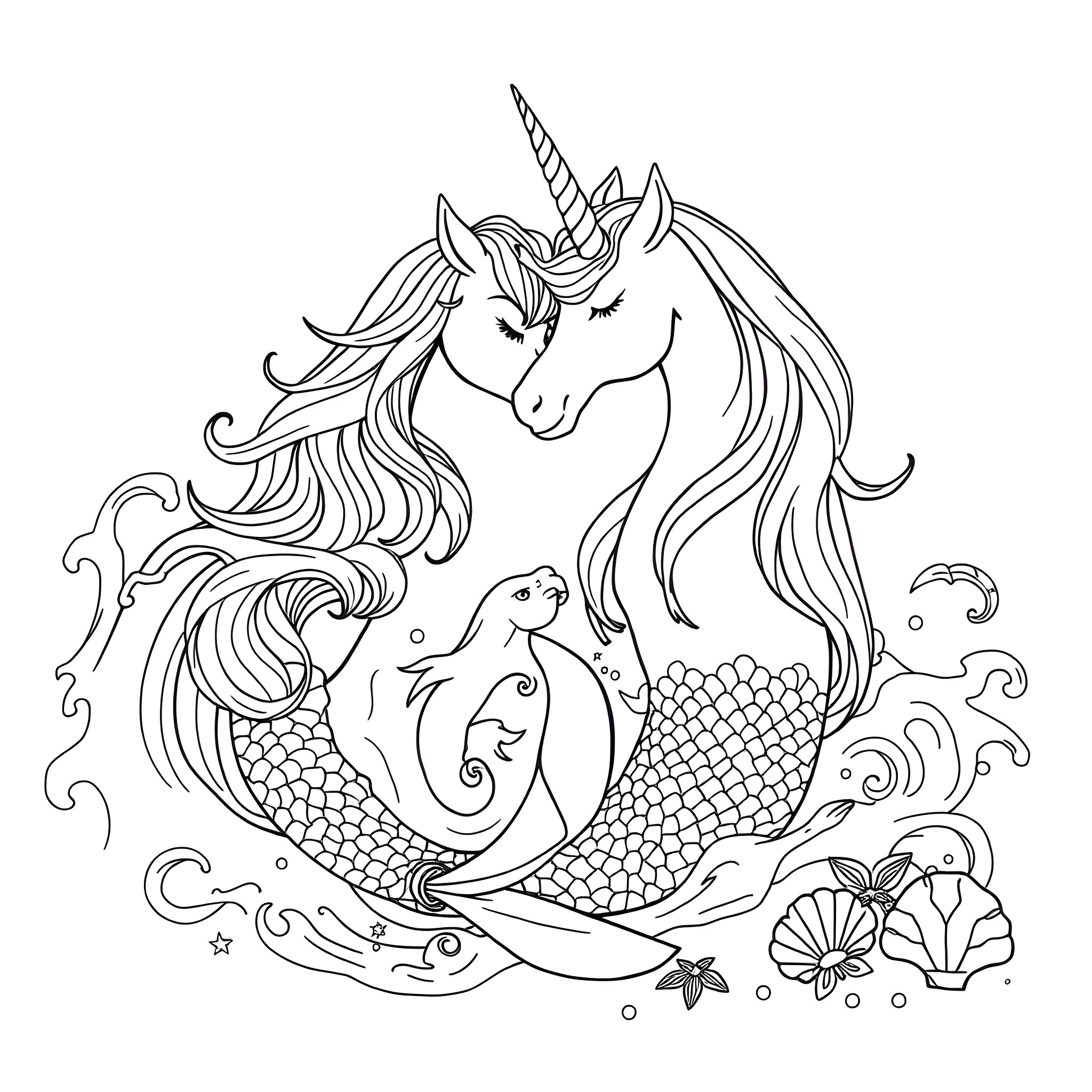 Mermaid Unicorn and Sea Creatures in the Ocean Coloring Page (free black-and-white line drawing printable PDF for all, from beginners to advanced learners, including children, teens, adults, and seniors)