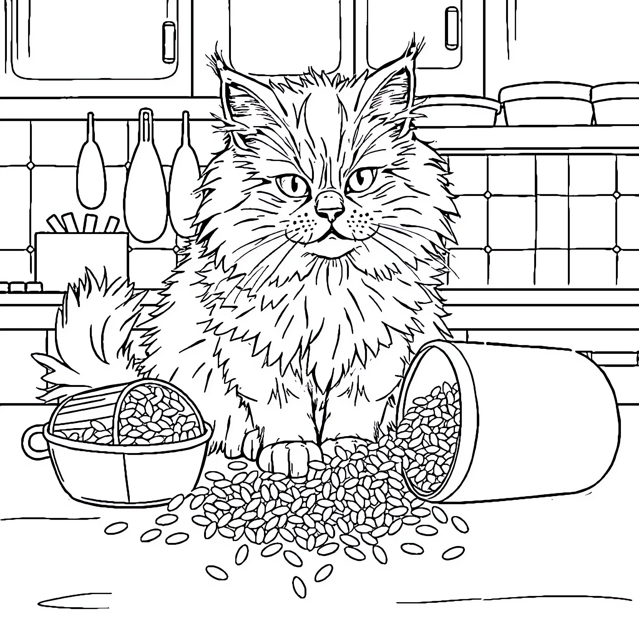 Maine Coon Cat Messy with Spilled Food in Kitchen Coloring Page (free black-and-white line drawing printable PDF for all, from beginners to advanced learners, including children, teens, adults, and seniors)