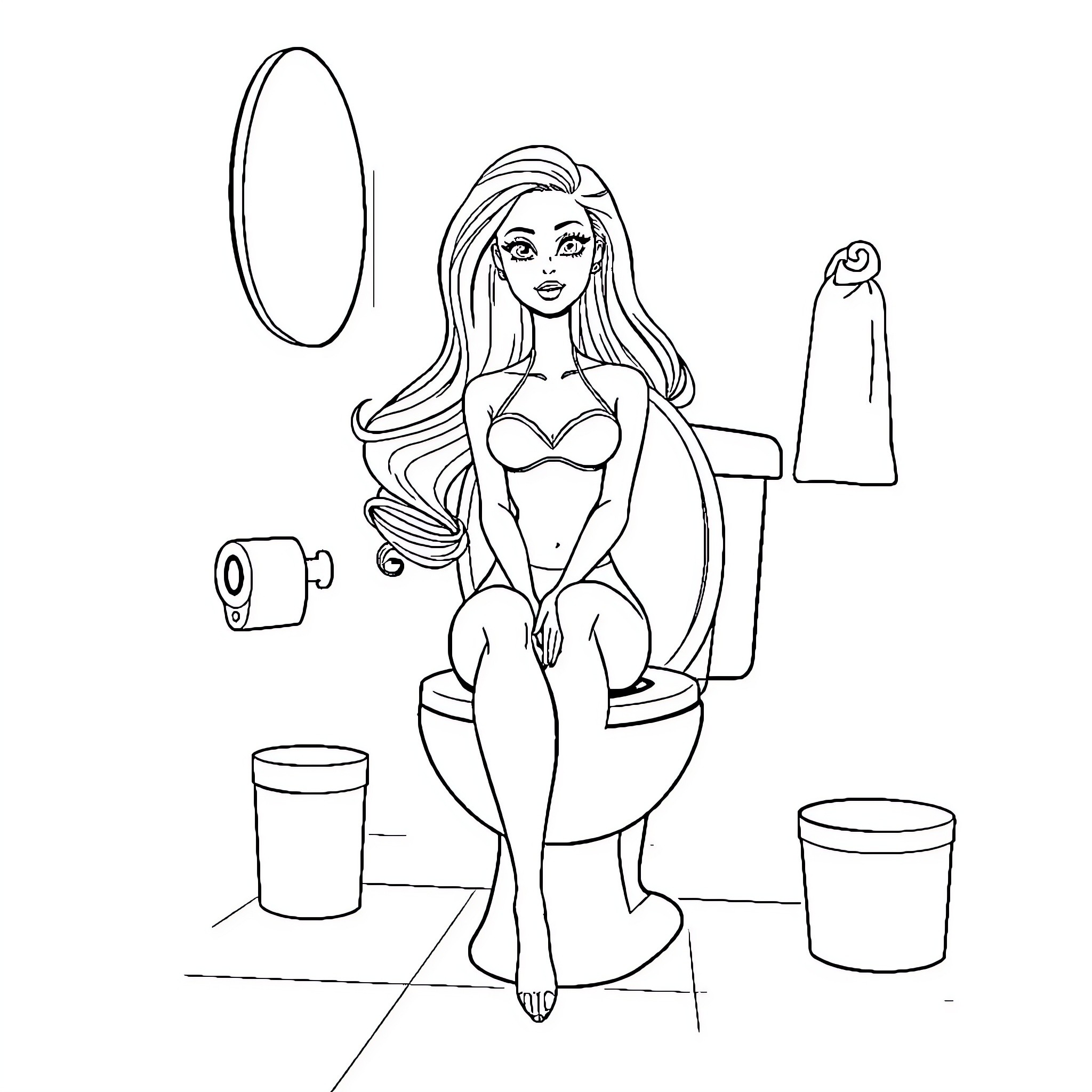 Barbie relaxing in the bathroom Coloring Page (free black-and-white line drawing printable PDF for all, from beginners to advanced learners, including children, teens, adults, and seniors)