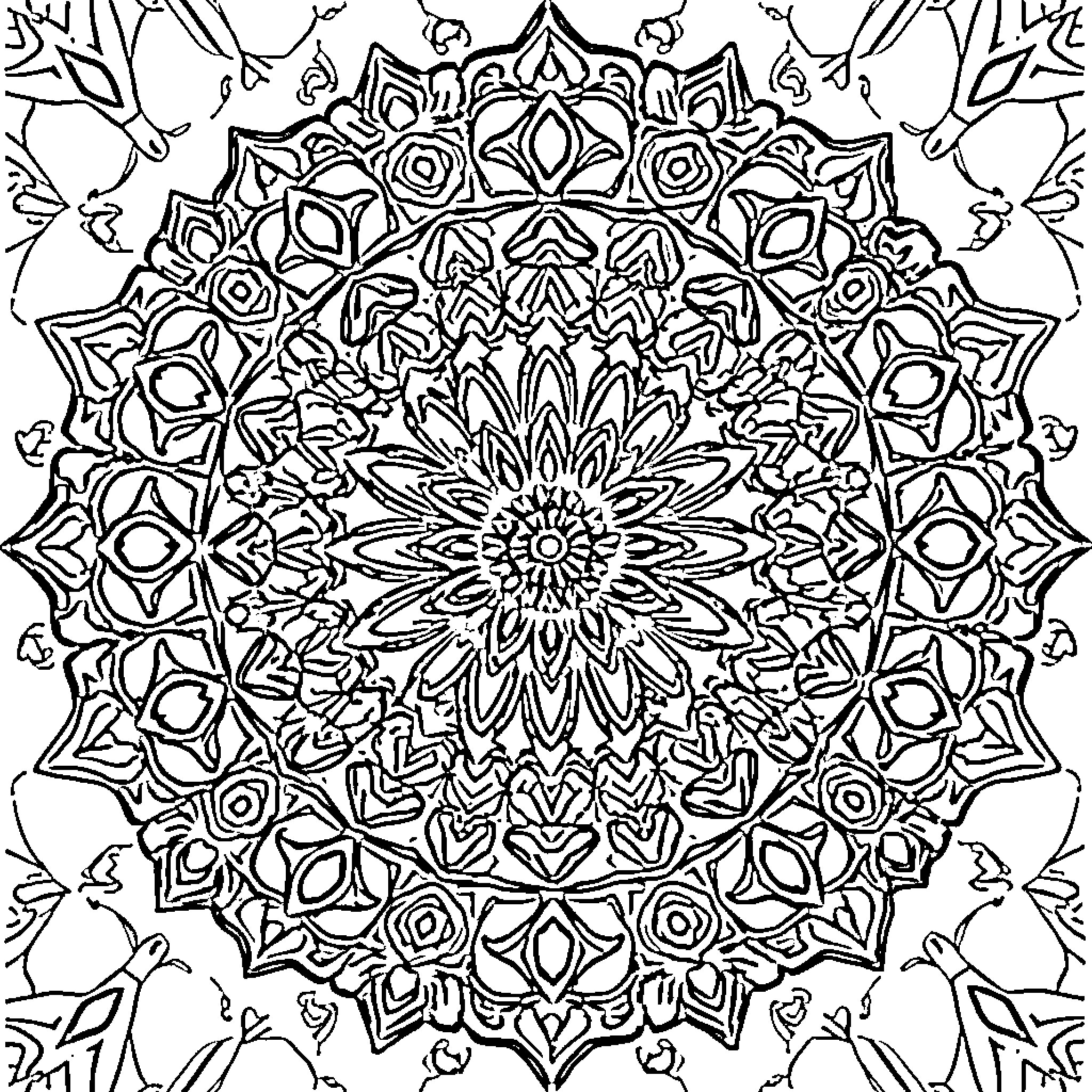 Mandala of intricate floral patterns and abstract designs Coloring Page (free black-and-white line drawing printable PDF for all, from beginners to advanced learners, including children, teens, adults, and seniors)
