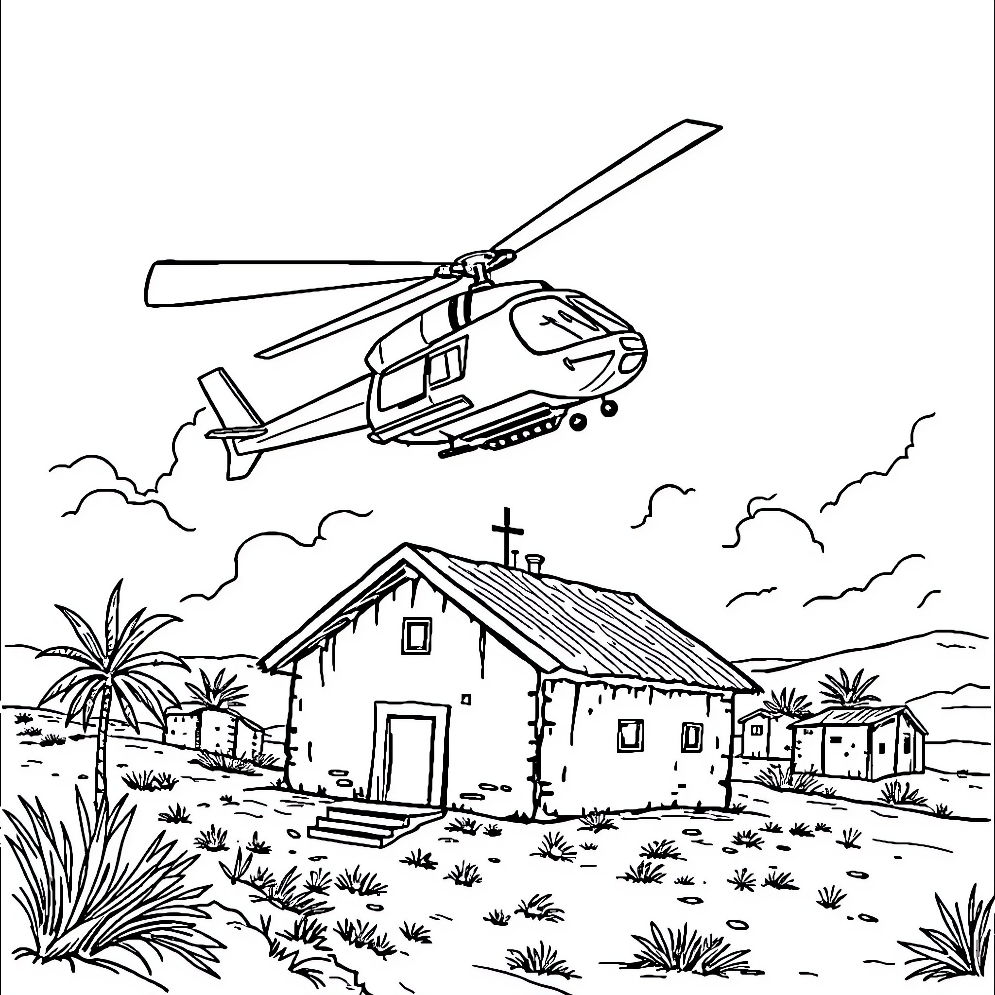 Bird aircraft soaring over rural landscape Coloring Page (free black-and-white line drawing printable PDF for all, from beginners to advanced learners, including children, teens, adults, and seniors)
