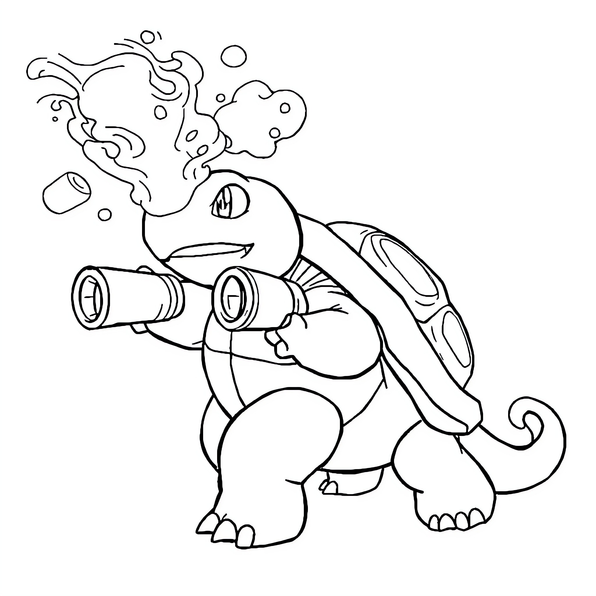 Blastoise unleashing powerful water attack Coloring Page (free black-and-white line drawing printable PDF for all, from beginners to advanced learners, including children, teens, adults, and seniors)