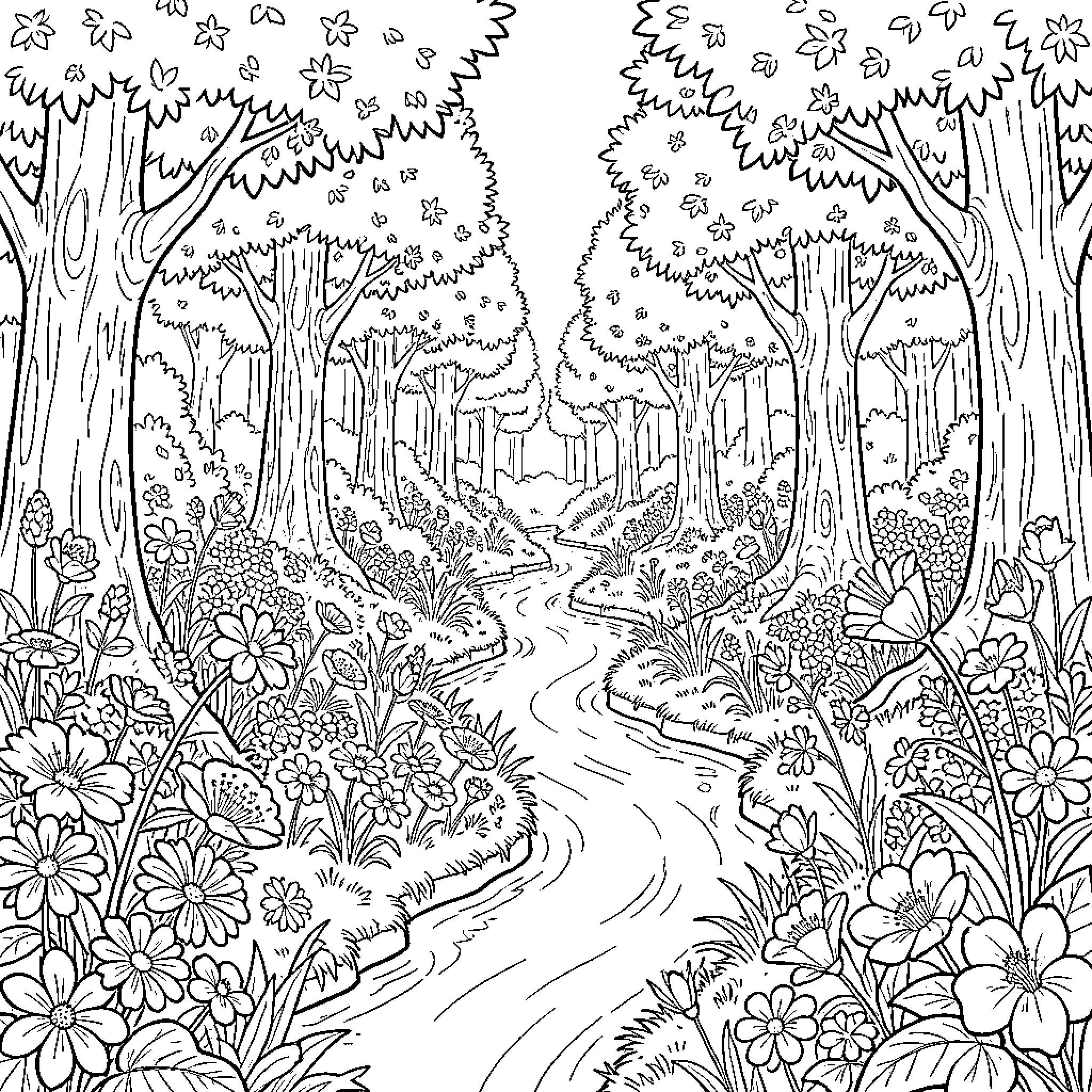 Éden of Lush Floral Paths and Woodland Enchantment Coloring Page (free black-and-white line drawing printable PDF for all, from beginners to advanced learners, including children, teens, adults, and seniors)