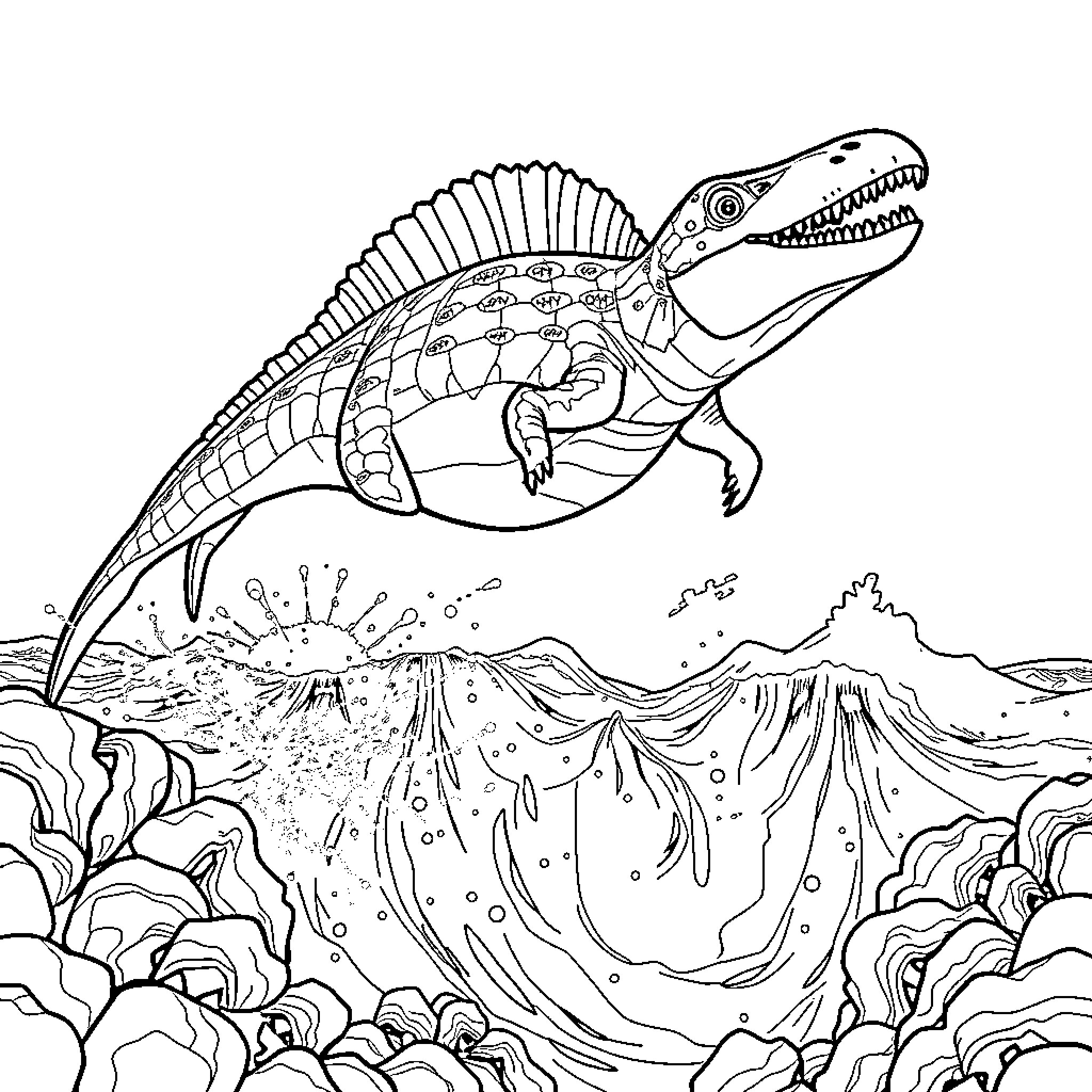 Mosasaurus Exploring the Prehistoric Seascape Coloring Page (free black-and-white line drawing printable PDF for all, from beginners to advanced learners, including children, teens, adults, and seniors)