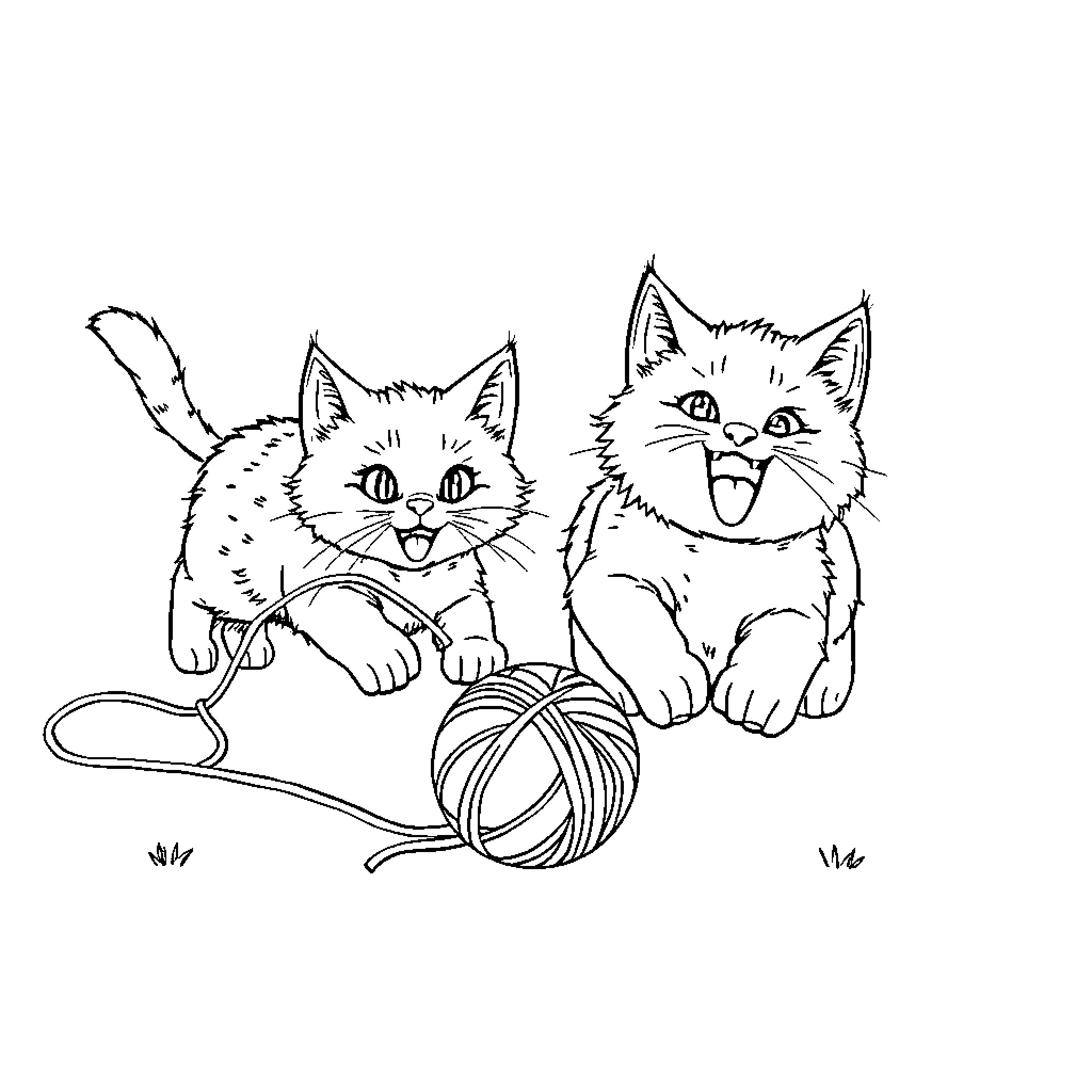 Cat kittens playing with yarn Coloring Page (free black-and-white line drawing printable PDF for all, from beginners to advanced learners, including children, teens, adults, and seniors)