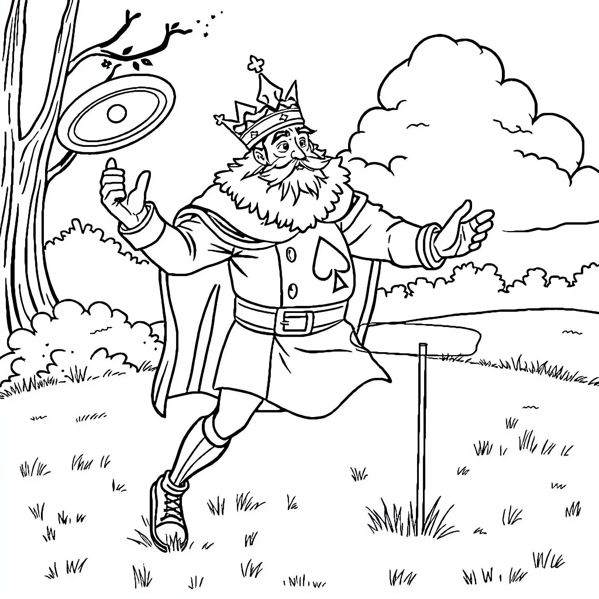 King of Spades Exploring the Outdoors Coloring Page (free black-and-white line drawing printable PDF for all, from beginners to advanced learners, including children, teens, adults, and seniors)