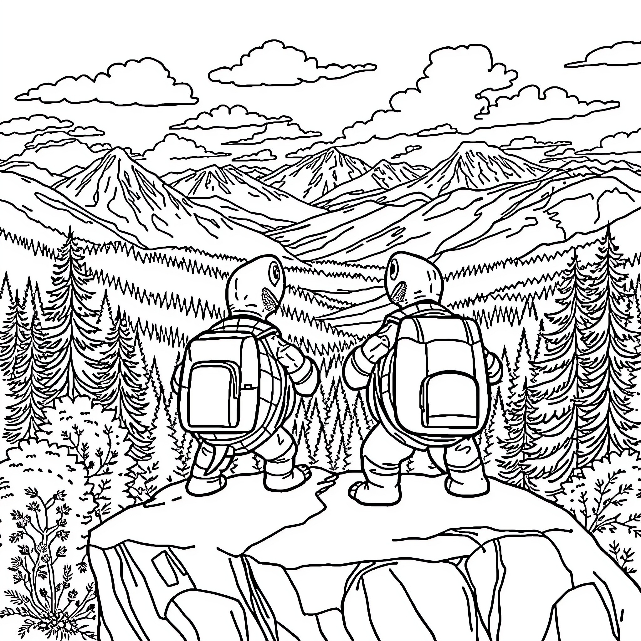 Turtle Hikers Exploring Mountainous Landscape Coloring Page (free black-and-white line drawing printable PDF for all, from beginners to advanced learners, including children, teens, adults, and seniors)
