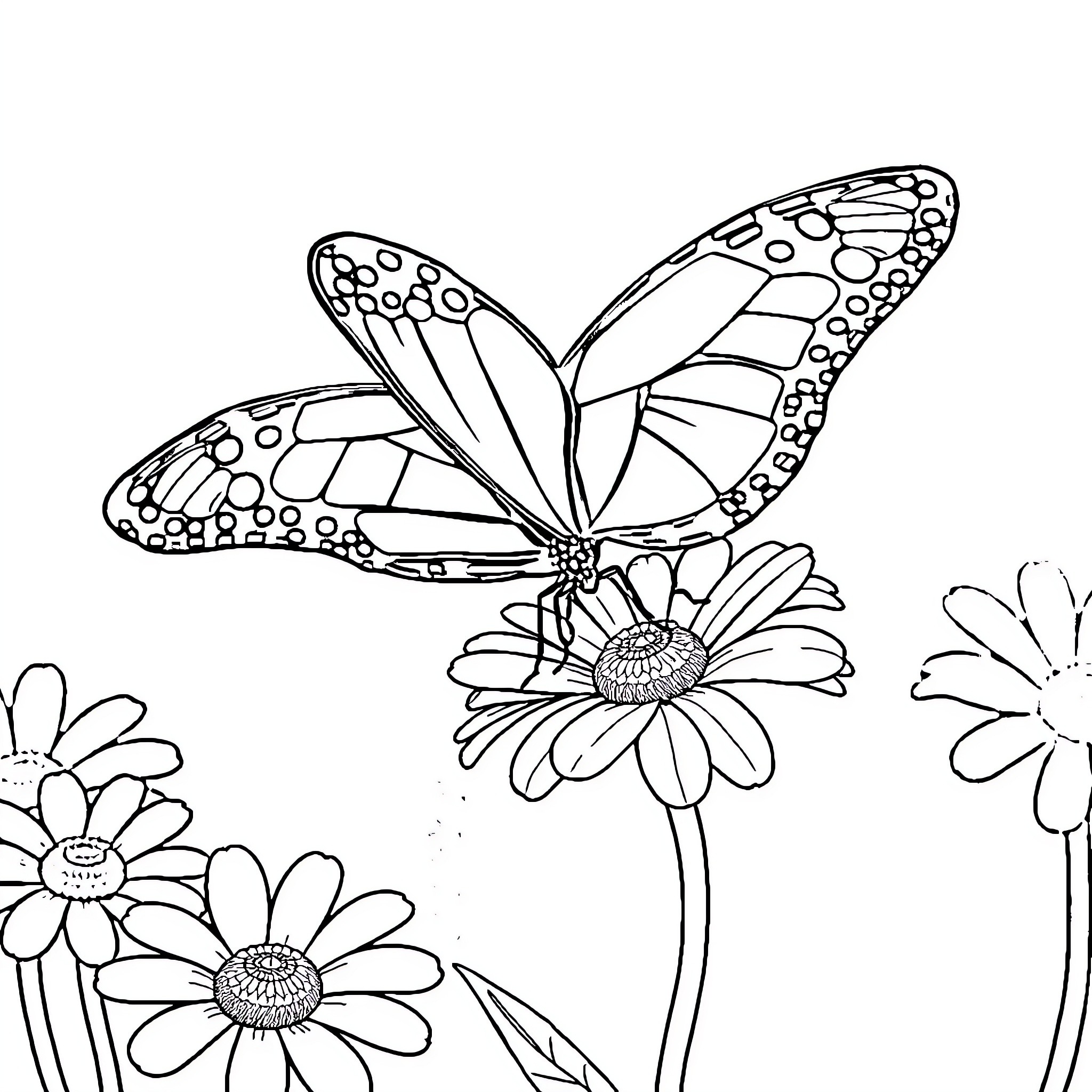 Butterfly exploring beautiful flowers Coloring Page (free black-and-white line drawing printable PDF for all, from beginners to advanced learners, including children, teens, adults, and seniors)