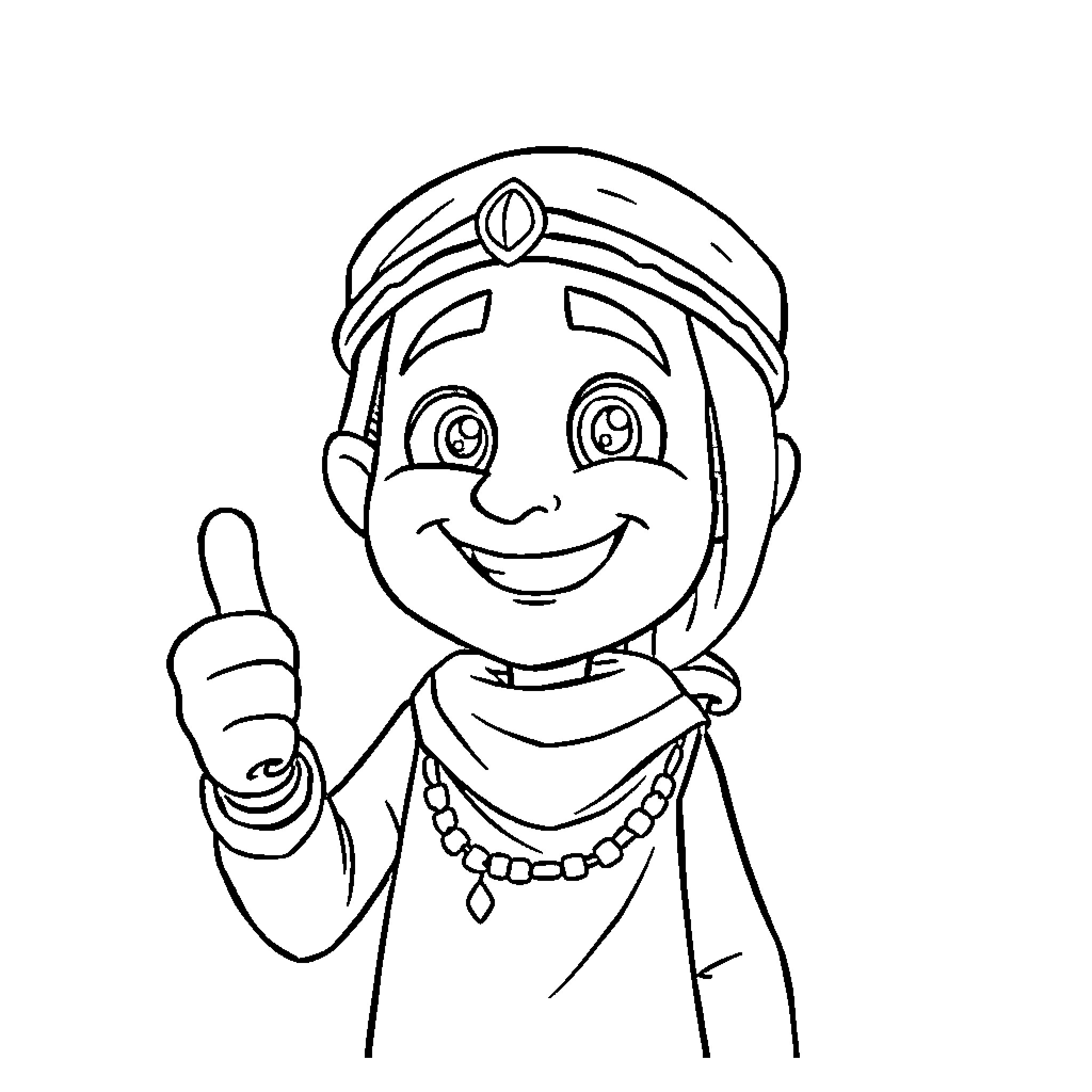 Rumi giving a cheerful gesture in traditional attire Coloring Page (free black-and-white line drawing printable PDF for all, from beginners to advanced learners, including children, teens, adults, and seniors)