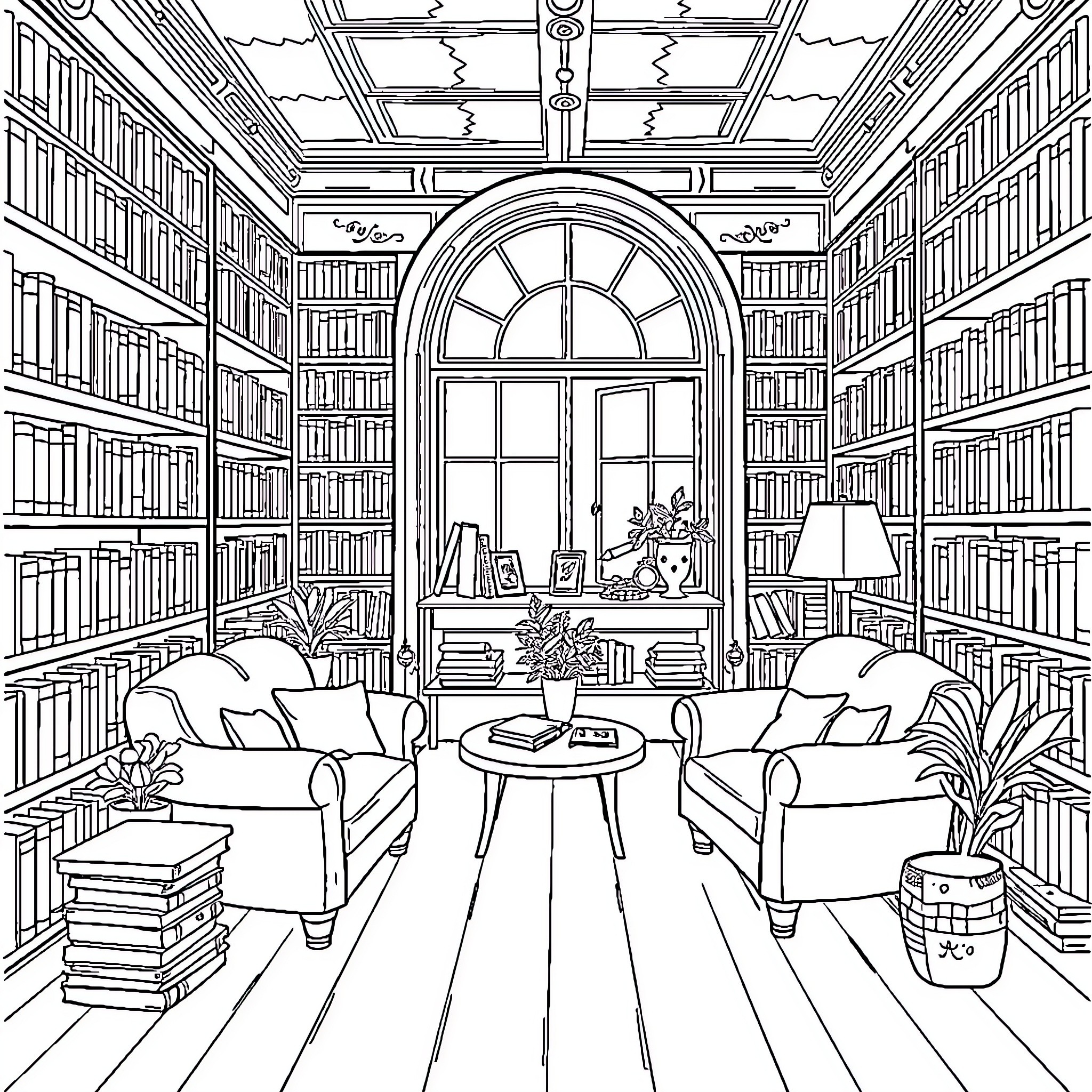 Biblr: Cozy Home Library with Bookshelves Coloring Page (free black-and-white line drawing printable PDF for all, from beginners to advanced learners, including children, teens, adults, and seniors)