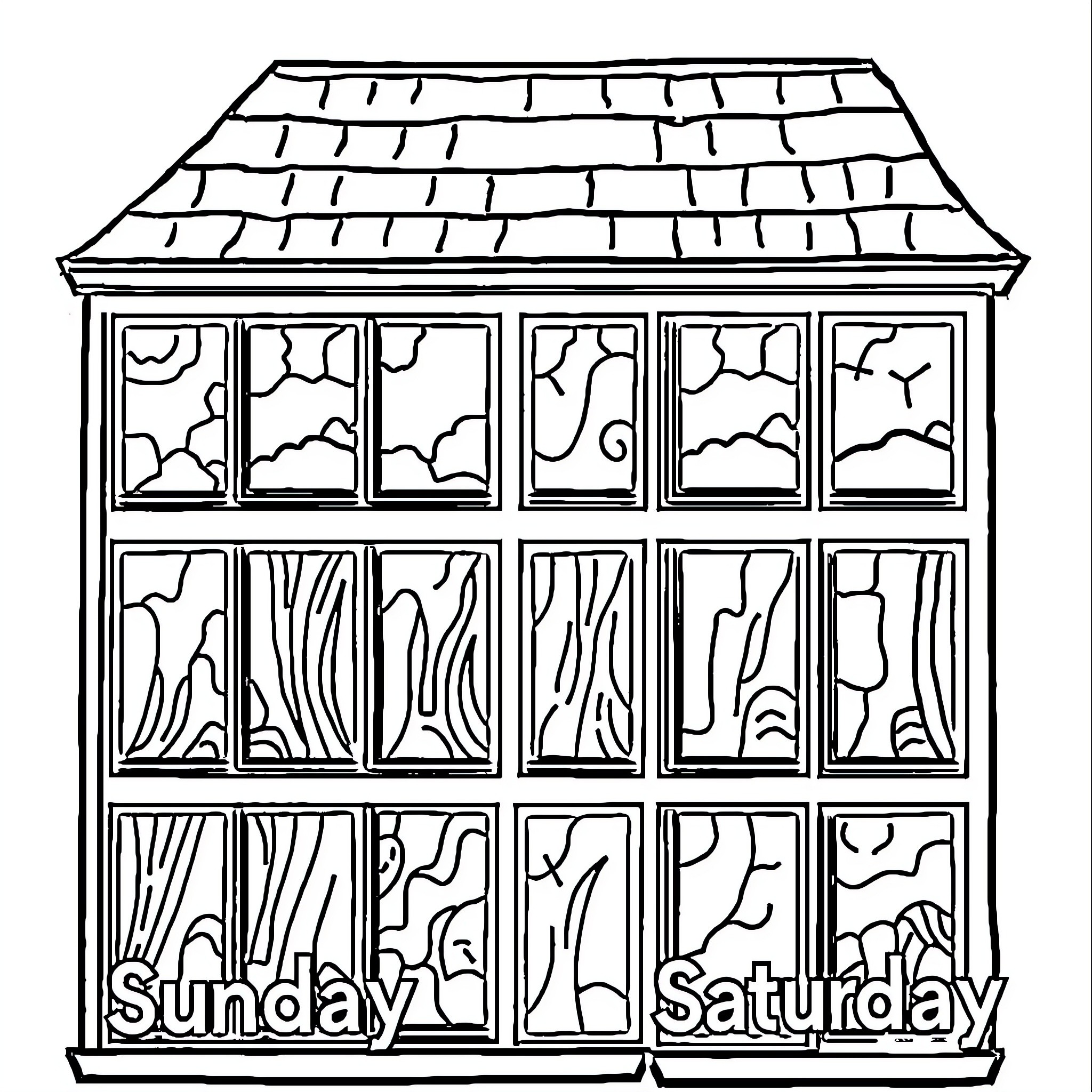 Window Displaying the Days of the Week Coloring Page (free black-and-white line drawing printable PDF for all, from beginners to advanced learners, including children, teens, adults, and seniors)