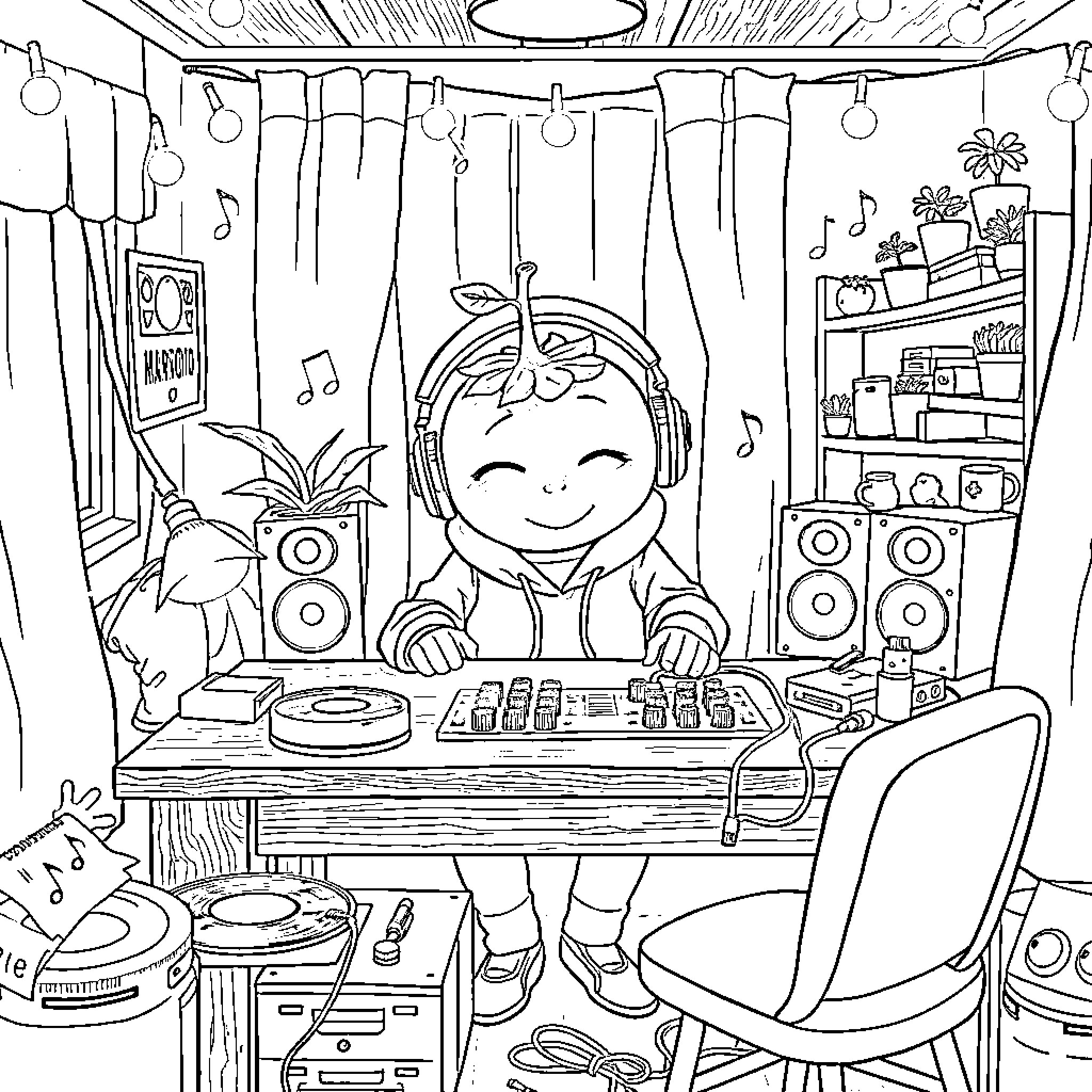 Tomato DJ mixing music in a cozy studio Coloring Page (free black-and-white line drawing printable PDF for all, from beginners to advanced learners, including children, teens, adults, and seniors)
