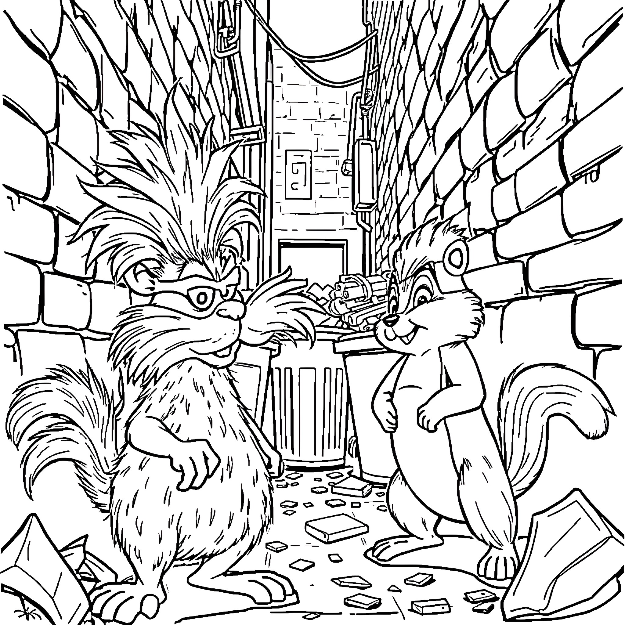 Aloysius O'Hare's Encounter with Curious Creatures in a Mysterious Alley Coloring Page (free black-and-white line drawing printable PDF for all, from beginners to advanced learners, including children, teens, adults, and seniors)