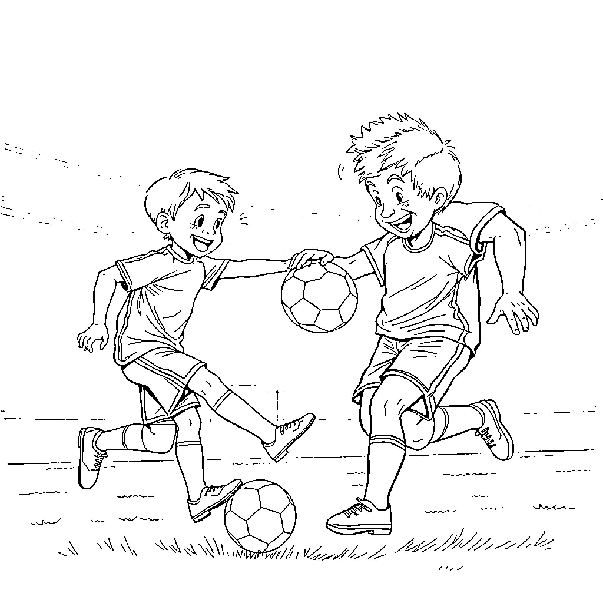 Grandfather playing soccer with grandchild Coloring Page (free black-and-white line drawing printable PDF for all, from beginners to advanced learners, including children, teens, adults, and seniors)