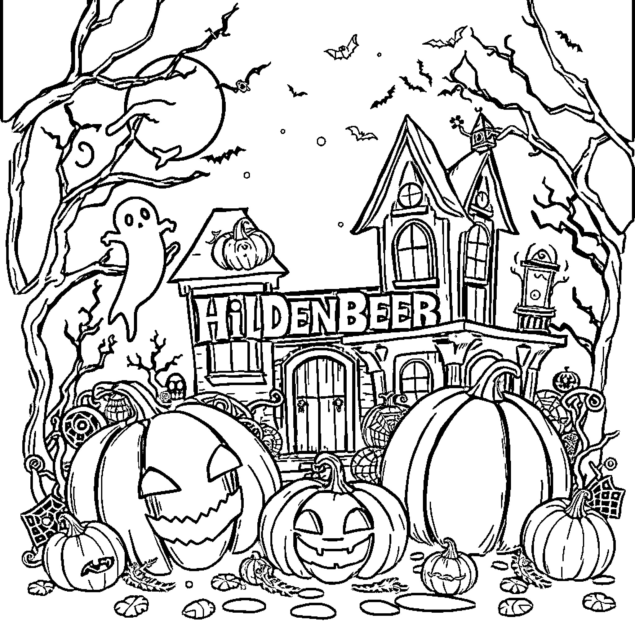Heidelberg Materials: Halloween Scene with Haunted House Coloring Page (free black-and-white line drawing printable PDF for all, from beginners to advanced learners, including children, teens, adults, and seniors)