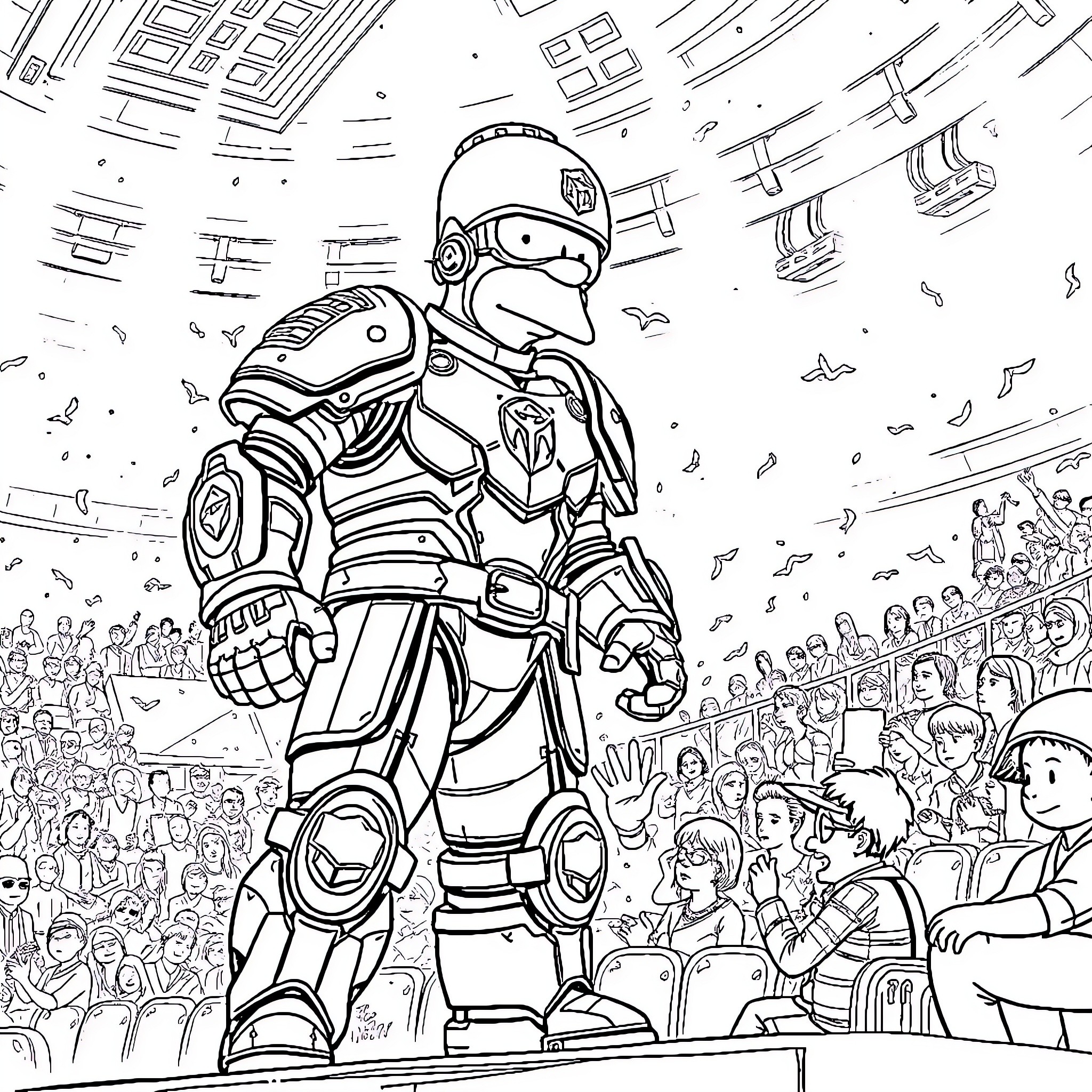 Homer the Heroic Robot at the Grand Arena Coloring Page (free black-and-white line drawing printable PDF for all, from beginners to advanced learners, including children, teens, adults, and seniors)