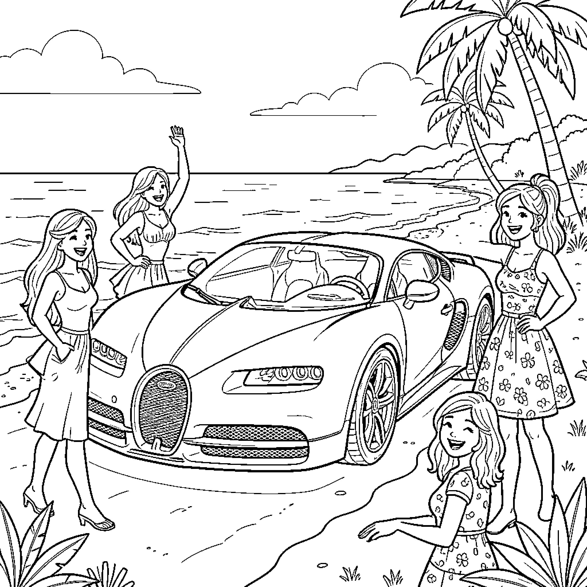 Bugatti Supercar Surrounded by Fashionable Women Coloring Page (free black-and-white line drawing printable PDF for all, from beginners to advanced learners, including children, teens, adults, and seniors)