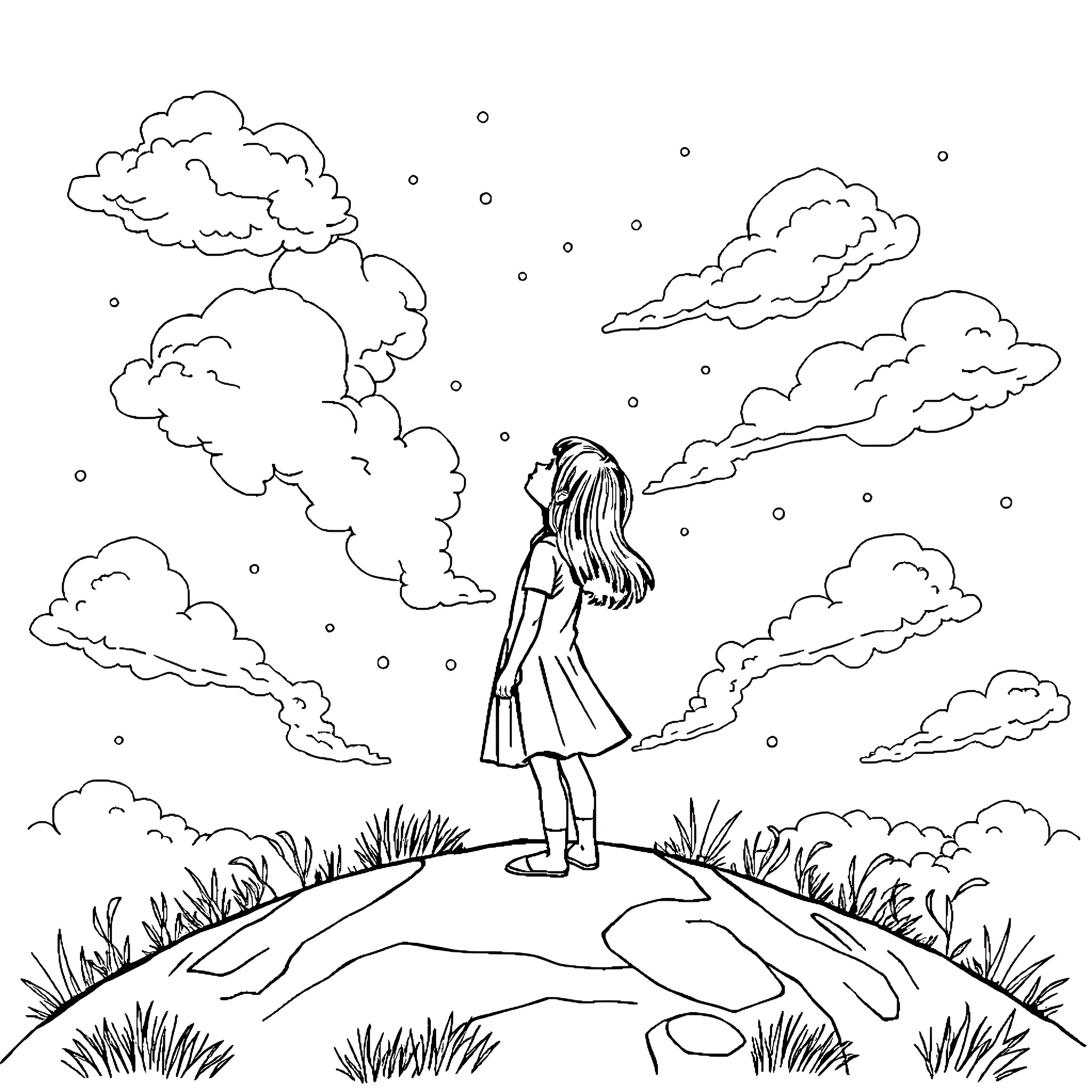 Girl standing alone in a dreamy landscape Coloring Page (free black-and-white line drawing printable PDF for all, from beginners to advanced learners, including children, teens, adults, and seniors)