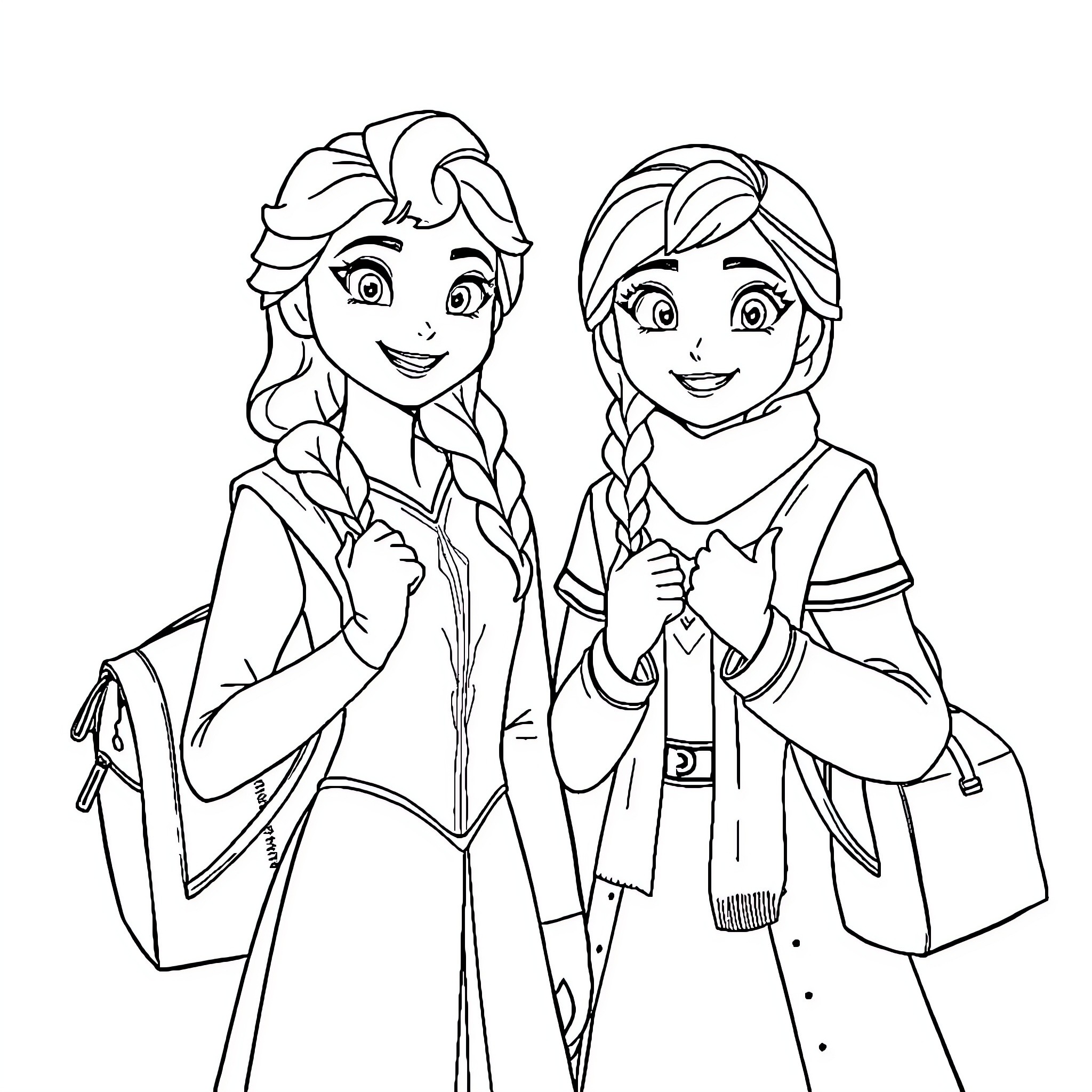Anna and Elsa on a Winter Adventure Coloring Page (free black-and-white line drawing printable PDF for all, from beginners to advanced learners, including children, teens, adults, and seniors)