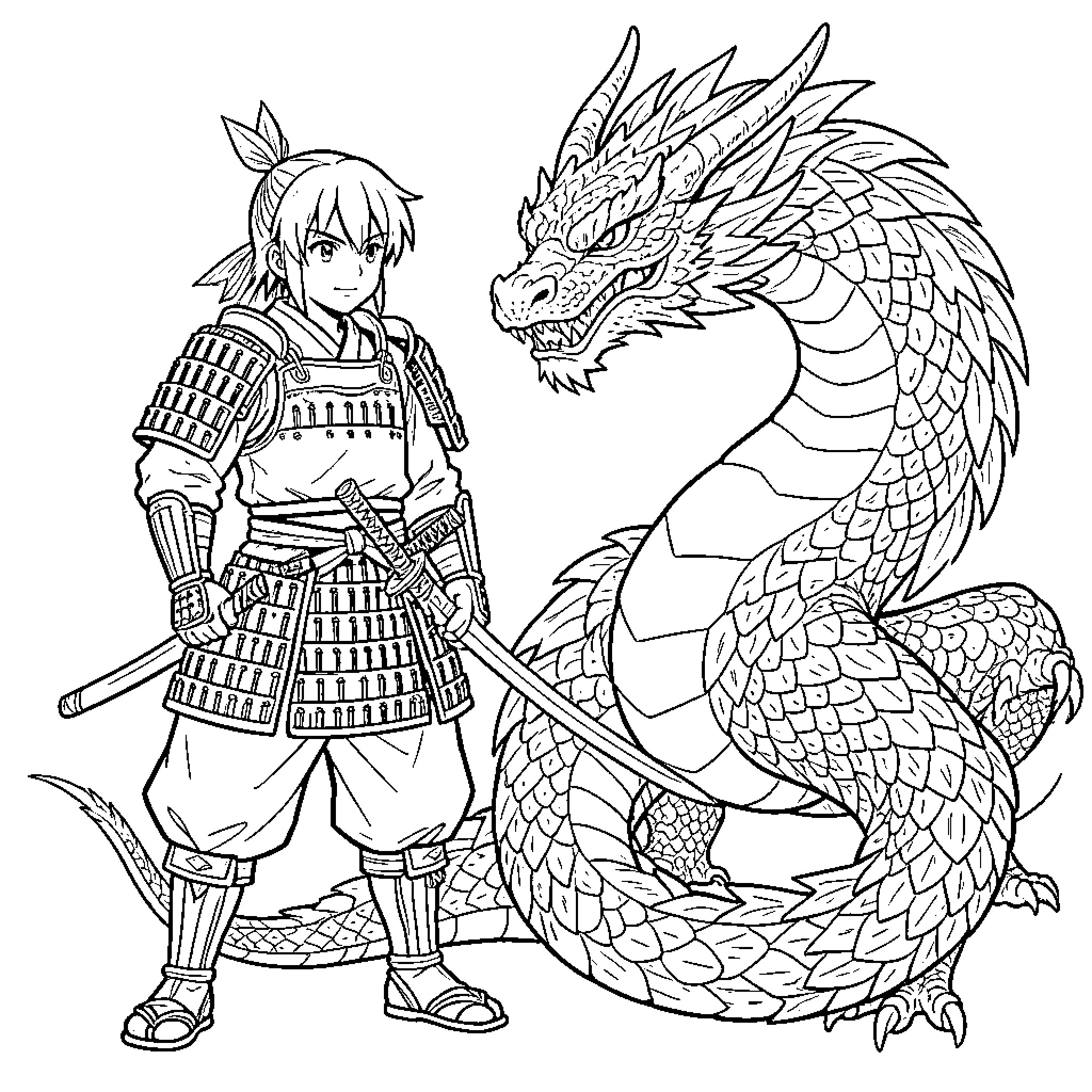 Samurai warrior confronting a fearsome dragon Coloring Page (free black-and-white line drawing printable PDF for all, from beginners to advanced learners, including children, teens, adults, and seniors)