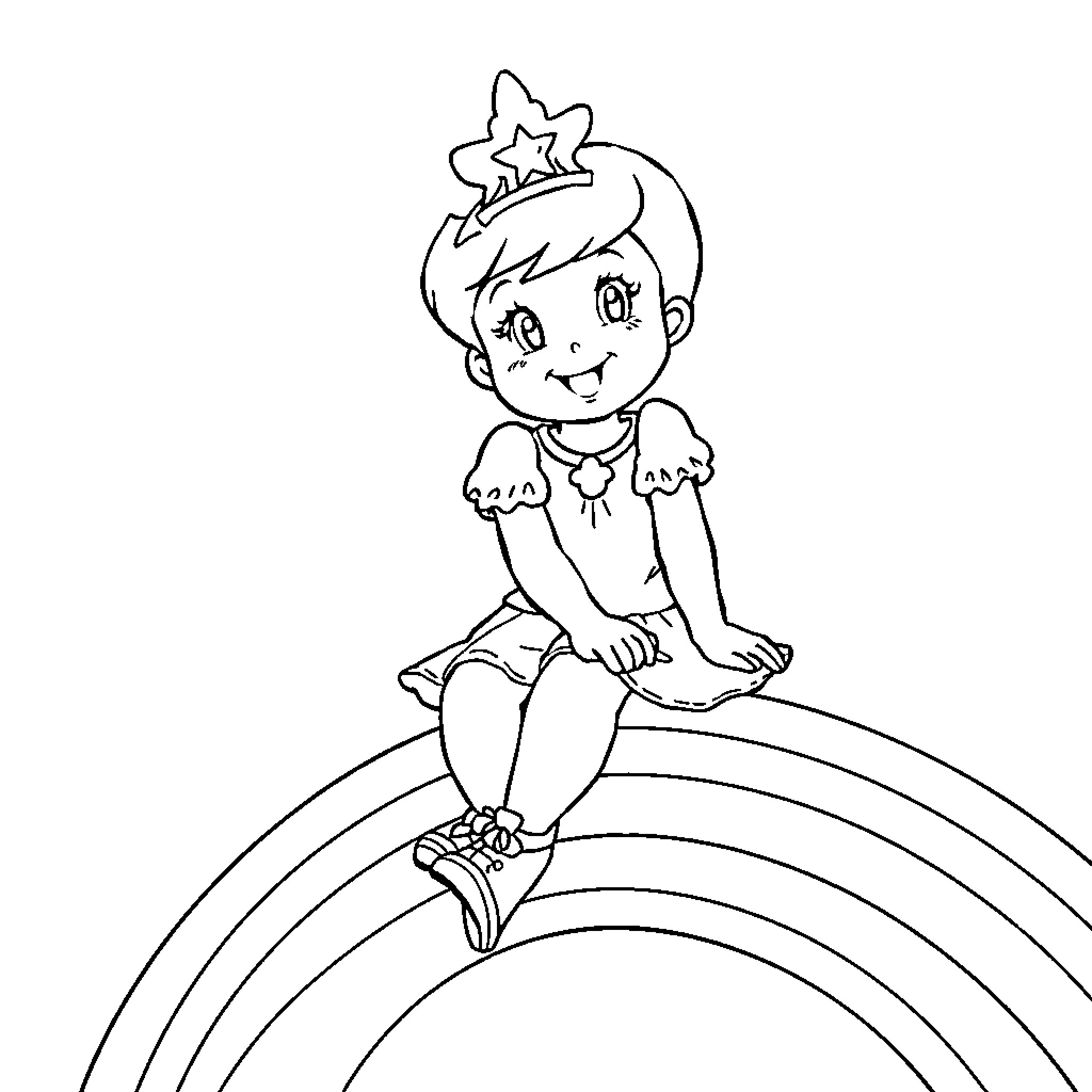 Rainbow Brite sitting on a colorful rainbow Coloring Page (free black-and-white line drawing printable PDF for all, from beginners to advanced learners, including children, teens, adults, and seniors)