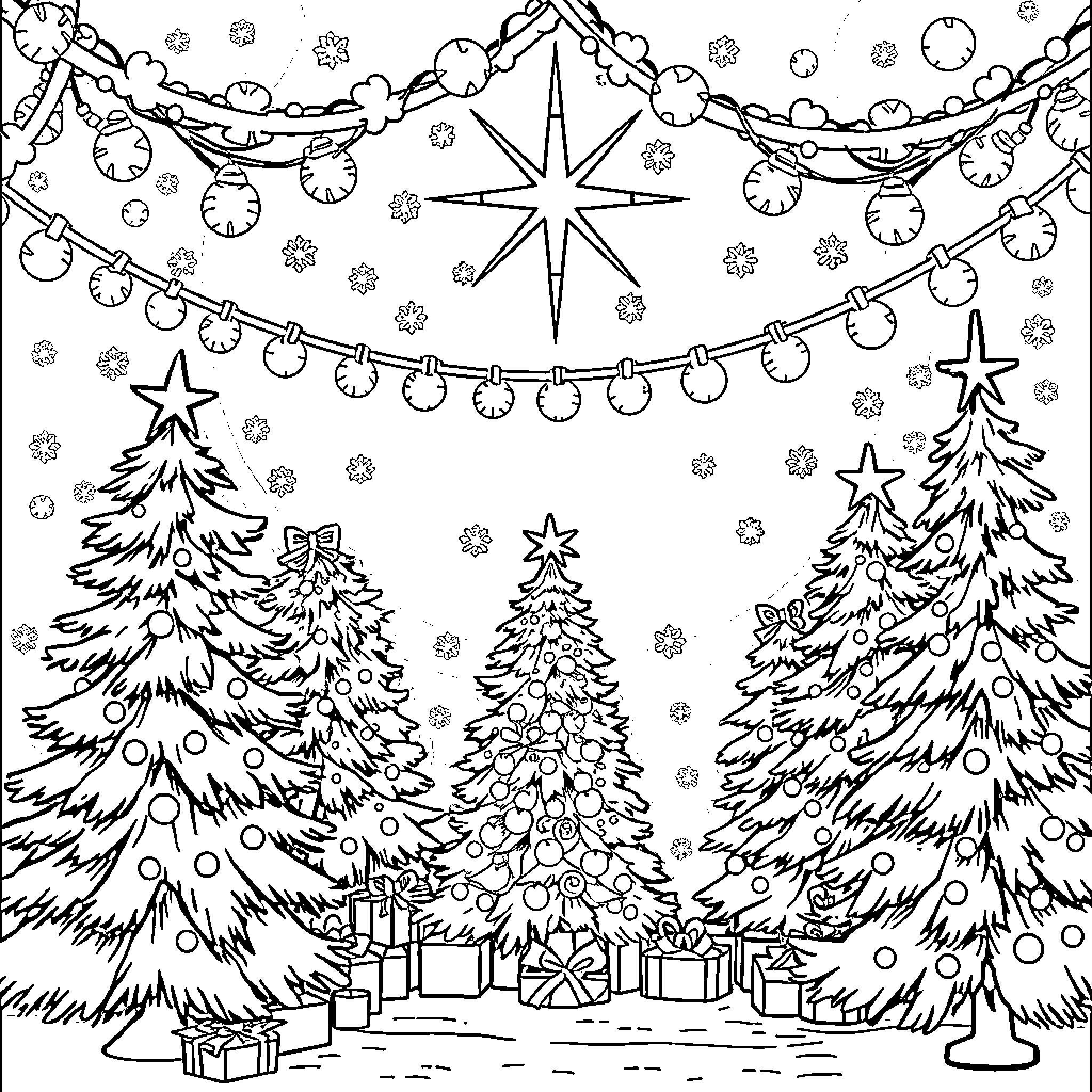 Christmas scene with decorated trees and festive elements Coloring Page (free black-and-white line drawing printable PDF for all, from beginners to advanced learners, including children, teens, adults, and seniors)