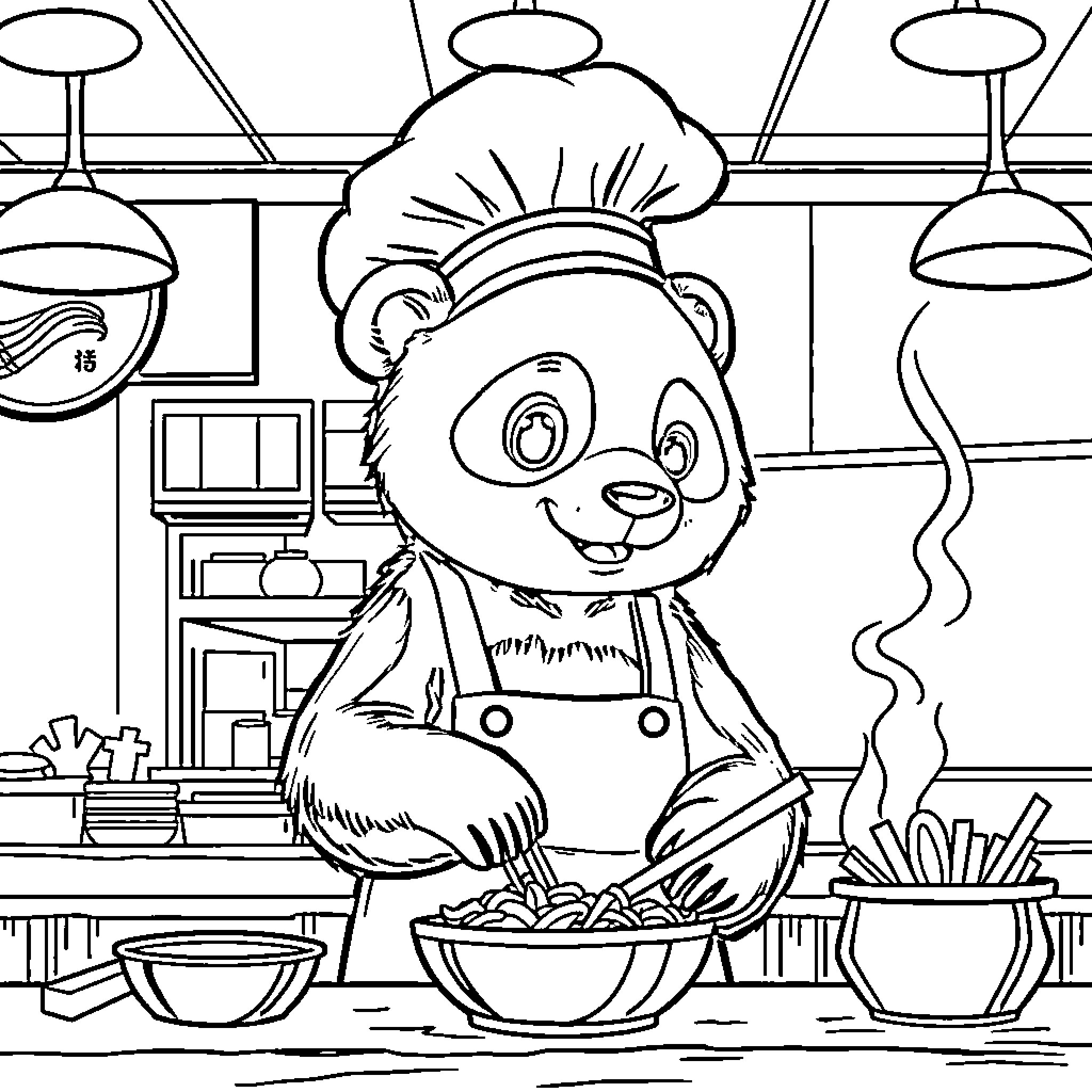 Panda Chef Cooking in the Kitchen Coloring Page (free black-and-white line drawing printable PDF for all, from beginners to advanced learners, including children, teens, adults, and seniors)