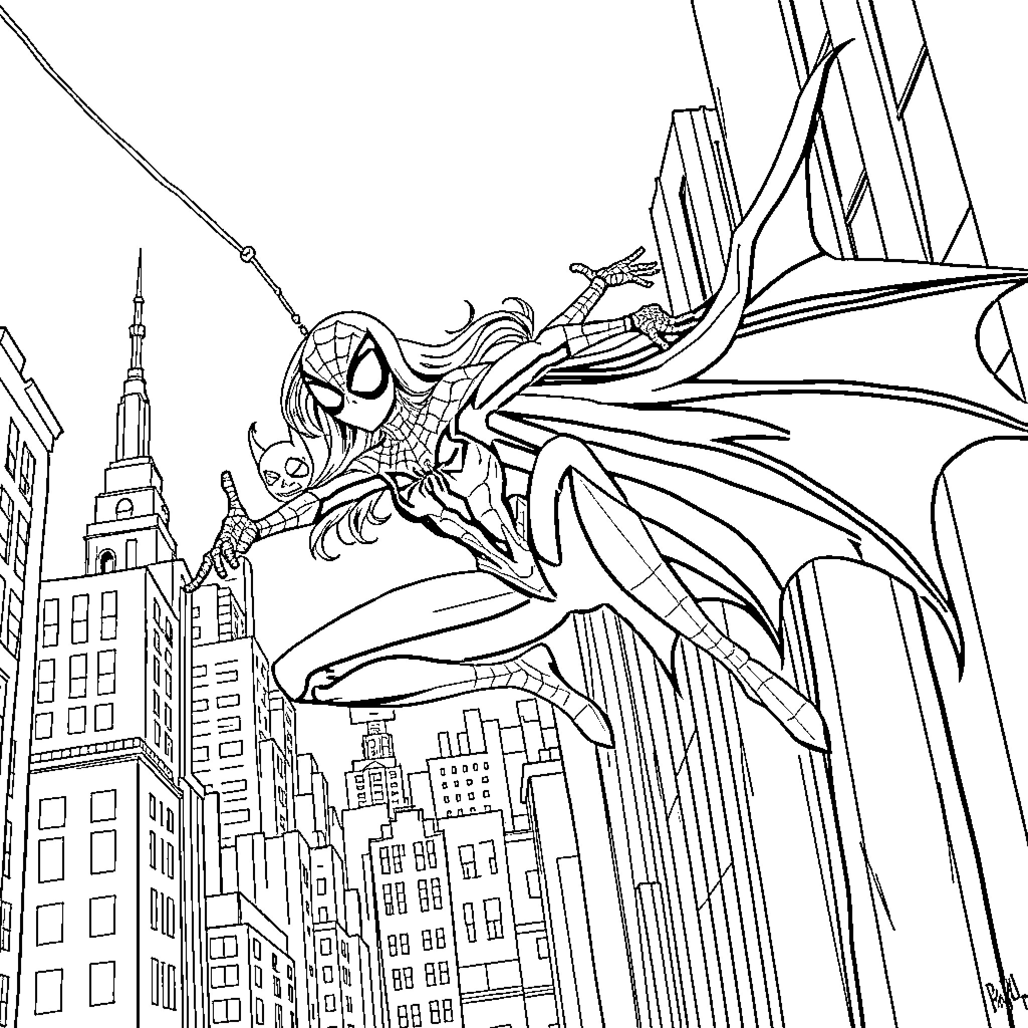 Spidergirl swinging through the city skyline Coloring Page (free black-and-white line drawing printable PDF for all, from beginners to advanced learners, including children, teens, adults, and seniors)