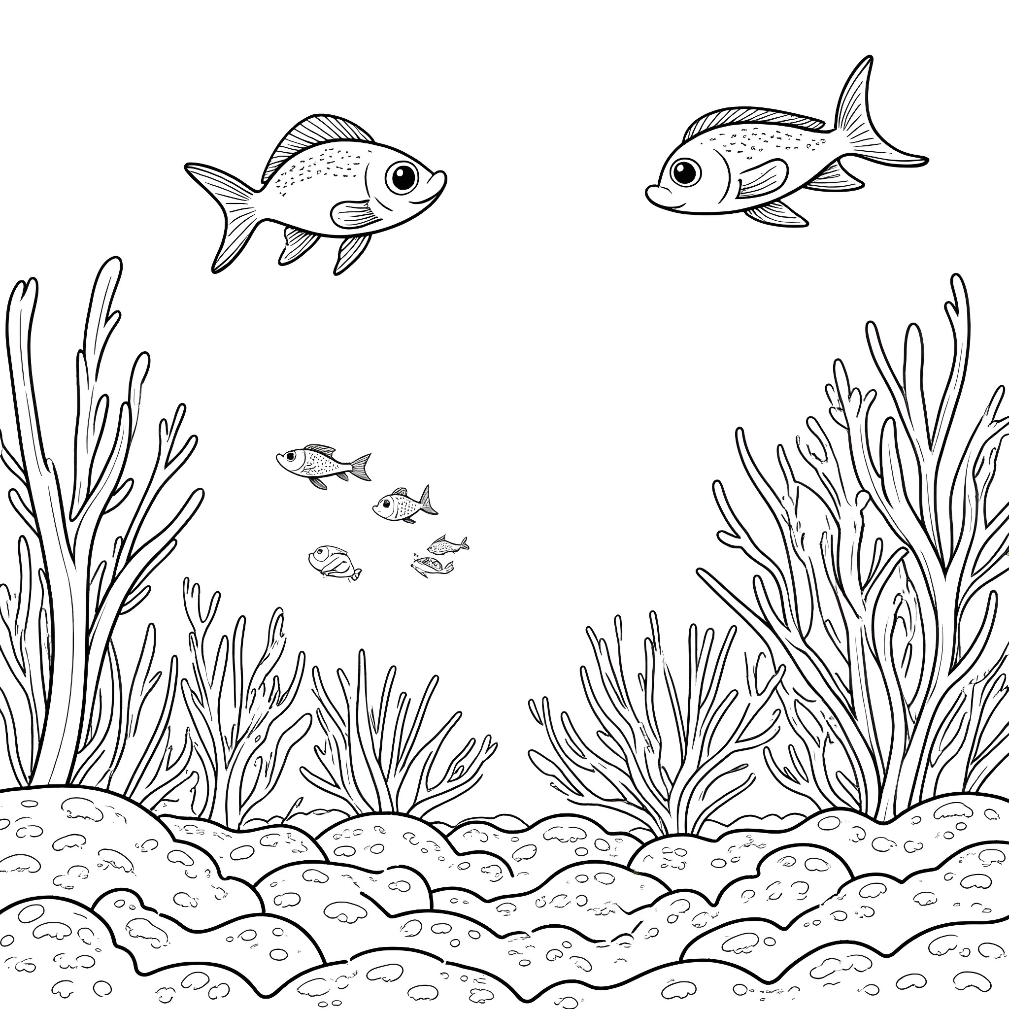 Sea creatures swimming in an underwater scene Coloring Page (free black-and-white line drawing printable PDF for all, from beginners to advanced learners, including children, teens, adults, and seniors)