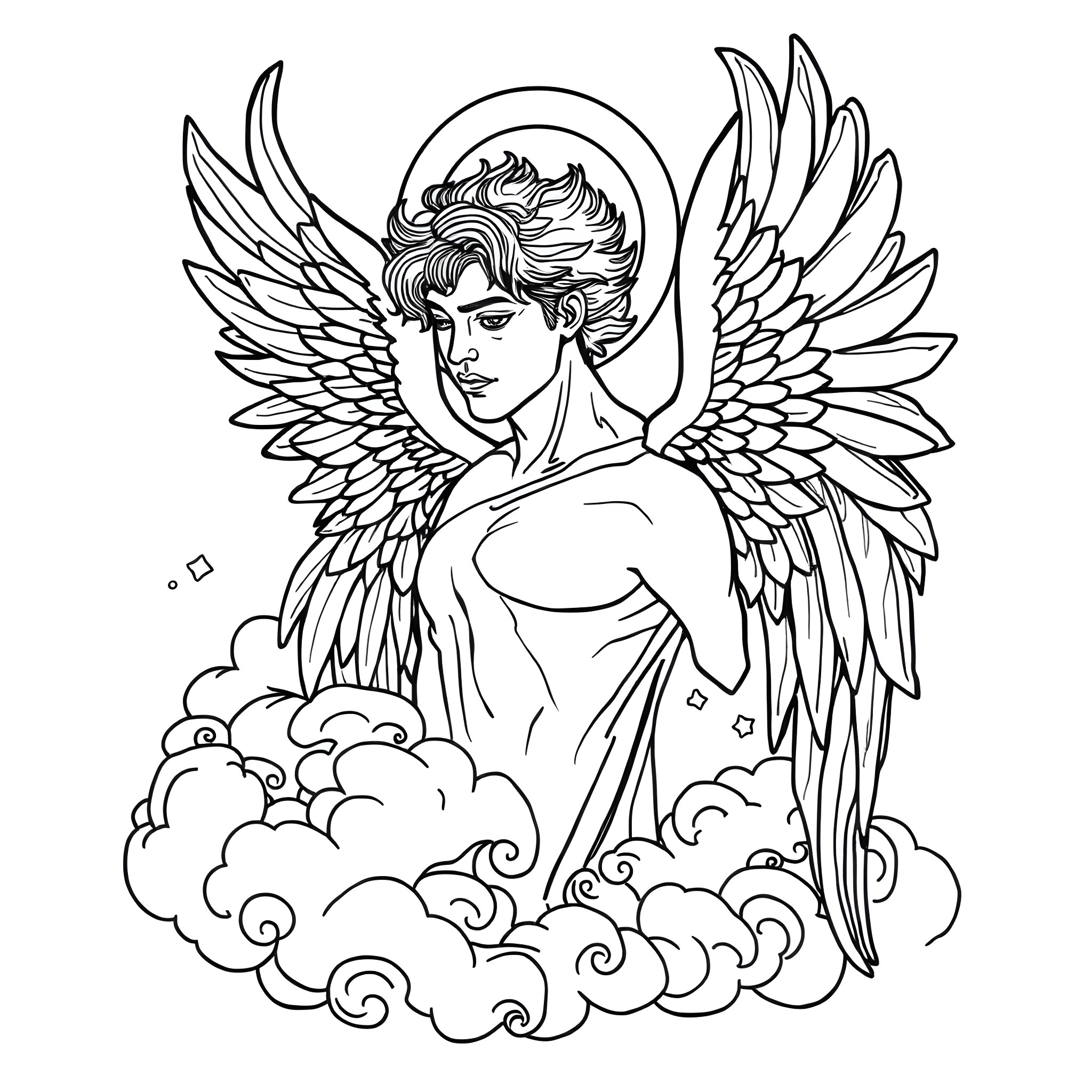 Angel Soaring Amidst Clouds with Outstretched Wings Coloring Page (free black-and-white line drawing printable PDF for all, from beginners to advanced learners, including children, teens, adults, and seniors)