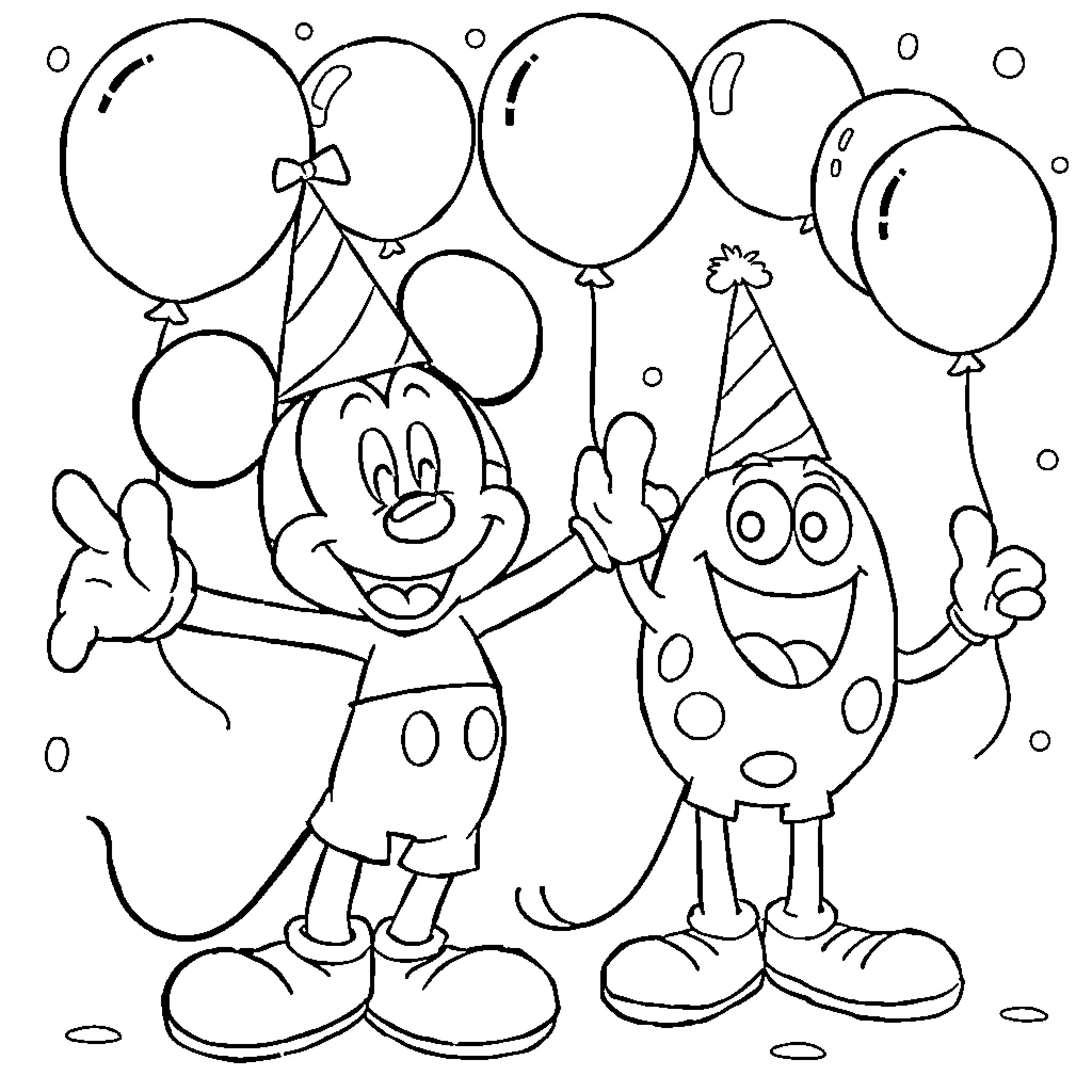 Mickey Mouse celebrating with balloons and party hats Coloring Page (free black-and-white line drawing printable PDF for all, from beginners to advanced learners, including children, teens, adults, and seniors)