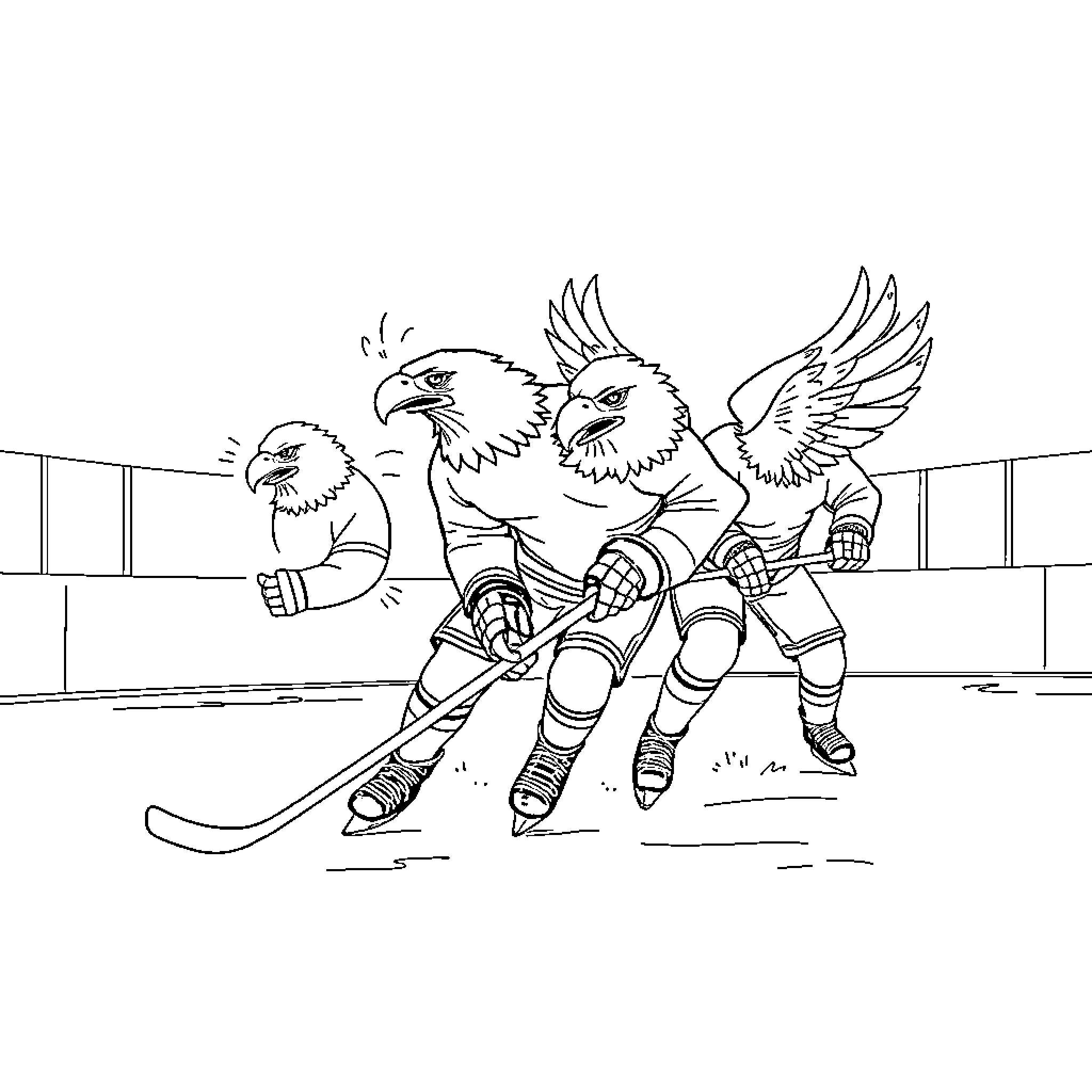 Bald Eagles playing ice hockey on the rink Coloring Page (free black-and-white line drawing printable PDF for all, from beginners to advanced learners, including children, teens, adults, and seniors)