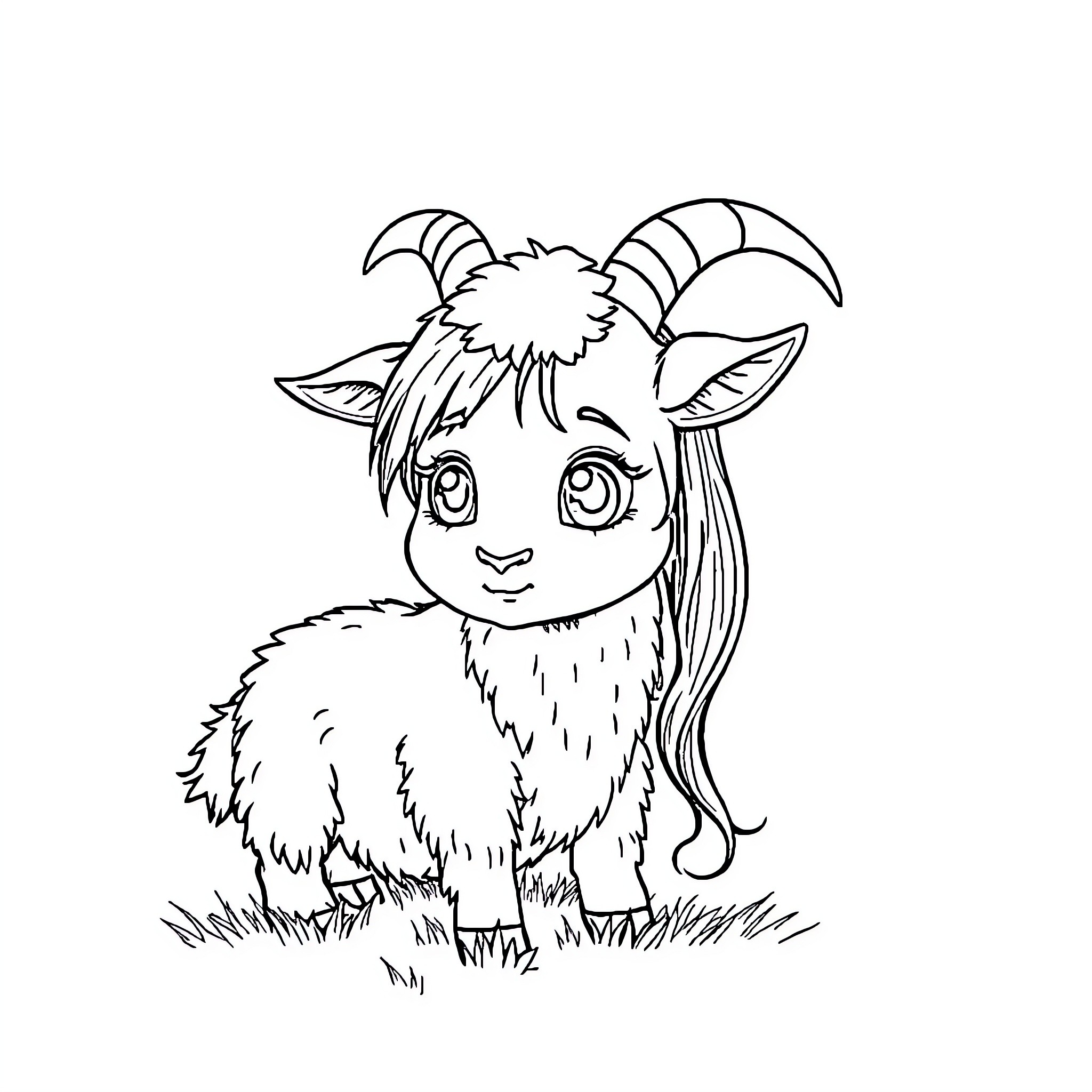 Goat with cute expression in grassy field Coloring Page (free black-and-white line drawing printable PDF for all, from beginners to advanced learners, including children, teens, adults, and seniors)