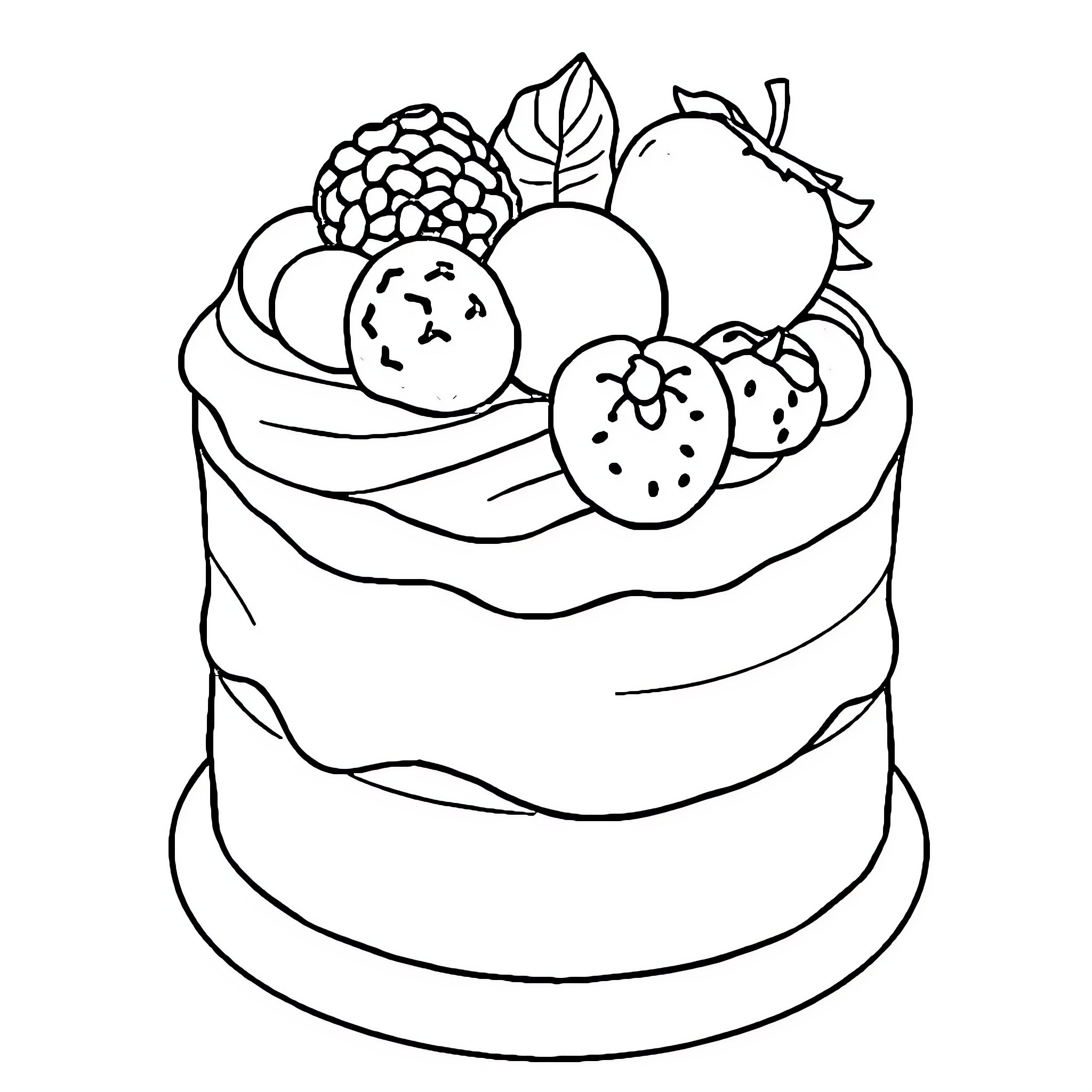 Cake with Assorted Fruits and Decorations Coloring Page (free black-and-white line drawing printable PDF for all, from beginners to advanced learners, including children, teens, adults, and seniors)