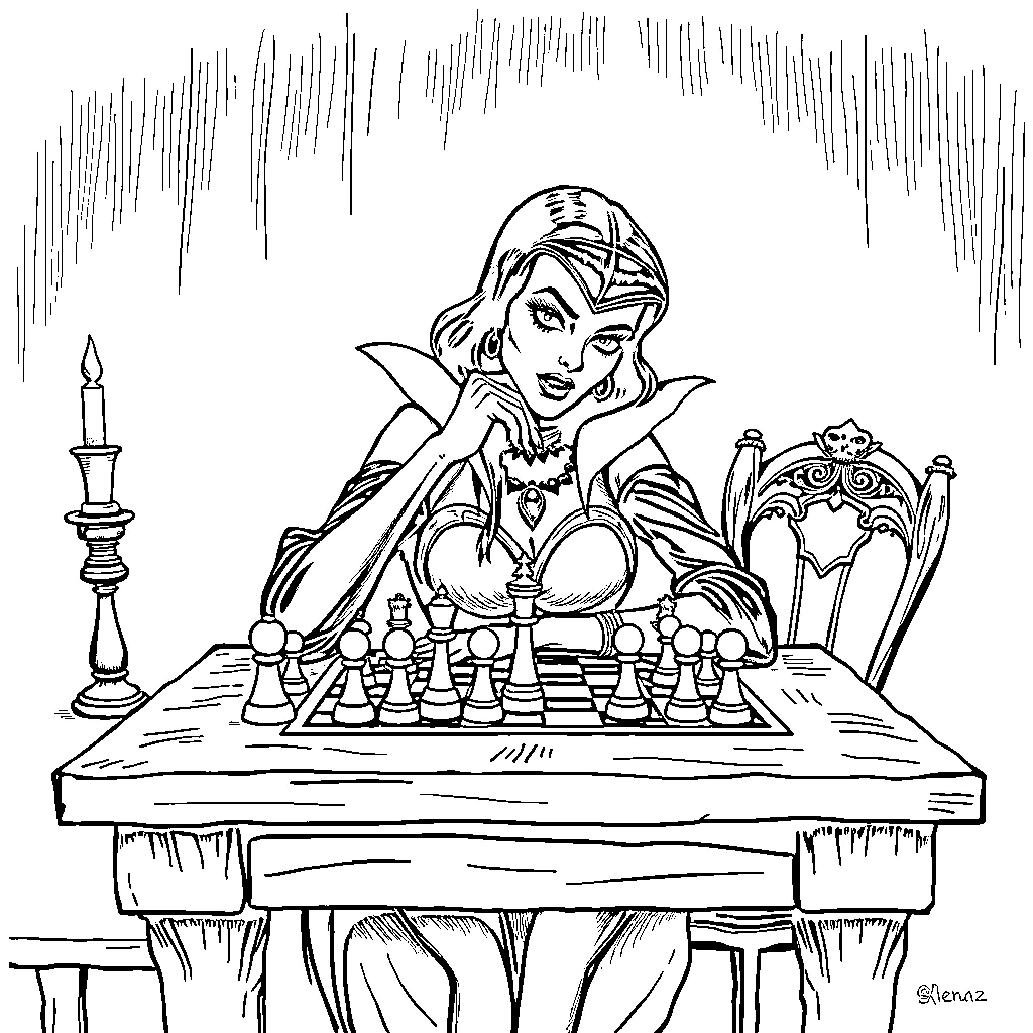 Vampira playing chess in a mysterious setting Coloring Page (free black-and-white line drawing printable PDF for all, from beginners to advanced learners, including children, teens, adults, and seniors)