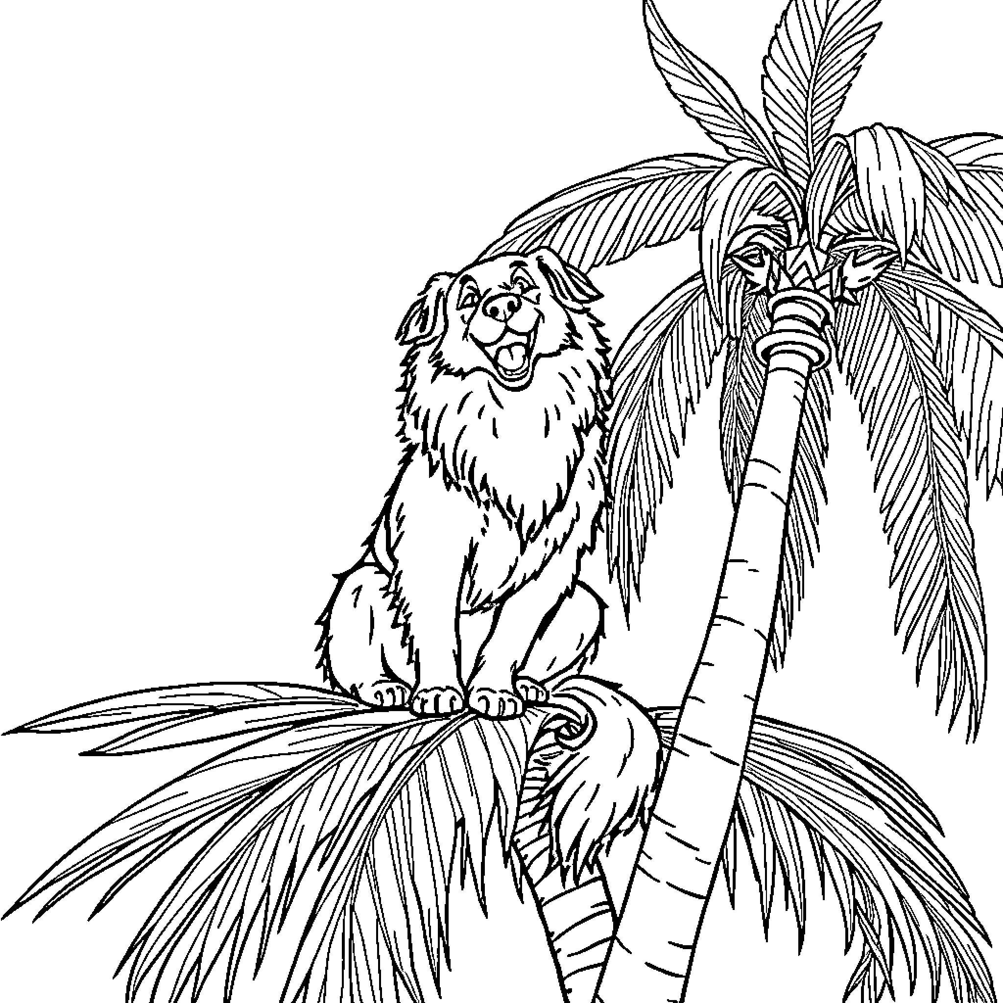 Hund exploring tropical palm trees Coloring Page (free black-and-white line drawing printable PDF for all, from beginners to advanced learners, including children, teens, adults, and seniors)