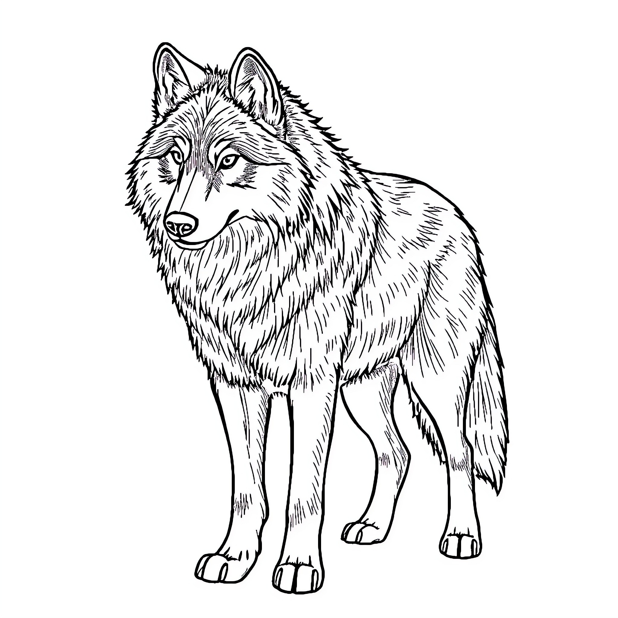 Wolf standing vigilantly in the wild Coloring Page (free black-and-white line drawing printable PDF for all, from beginners to advanced learners, including children, teens, adults, and seniors)