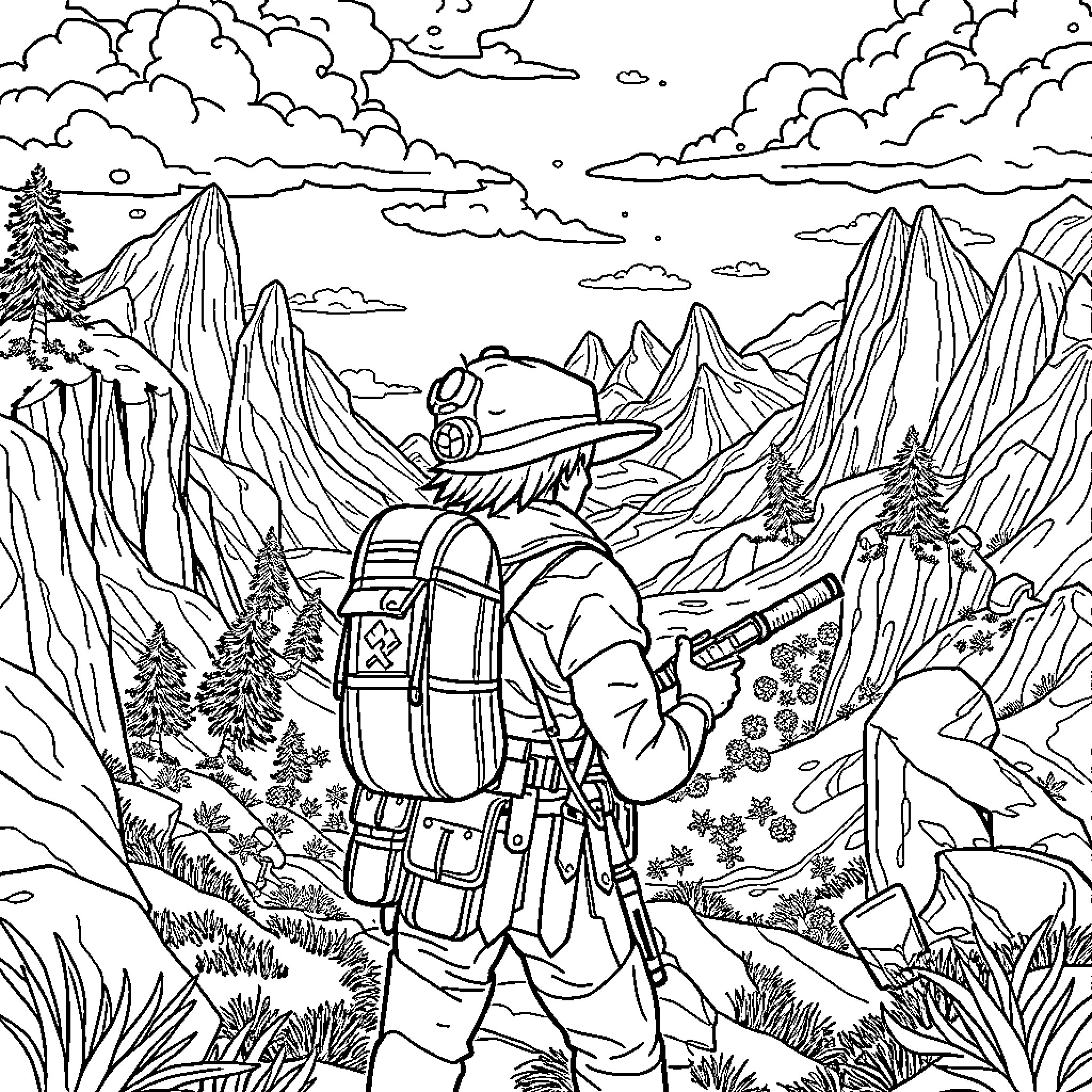 Huntrix Exploring the Rugged Mountain Landscape Coloring Page (free black-and-white line drawing printable PDF for all, from beginners to advanced learners, including children, teens, adults, and seniors)