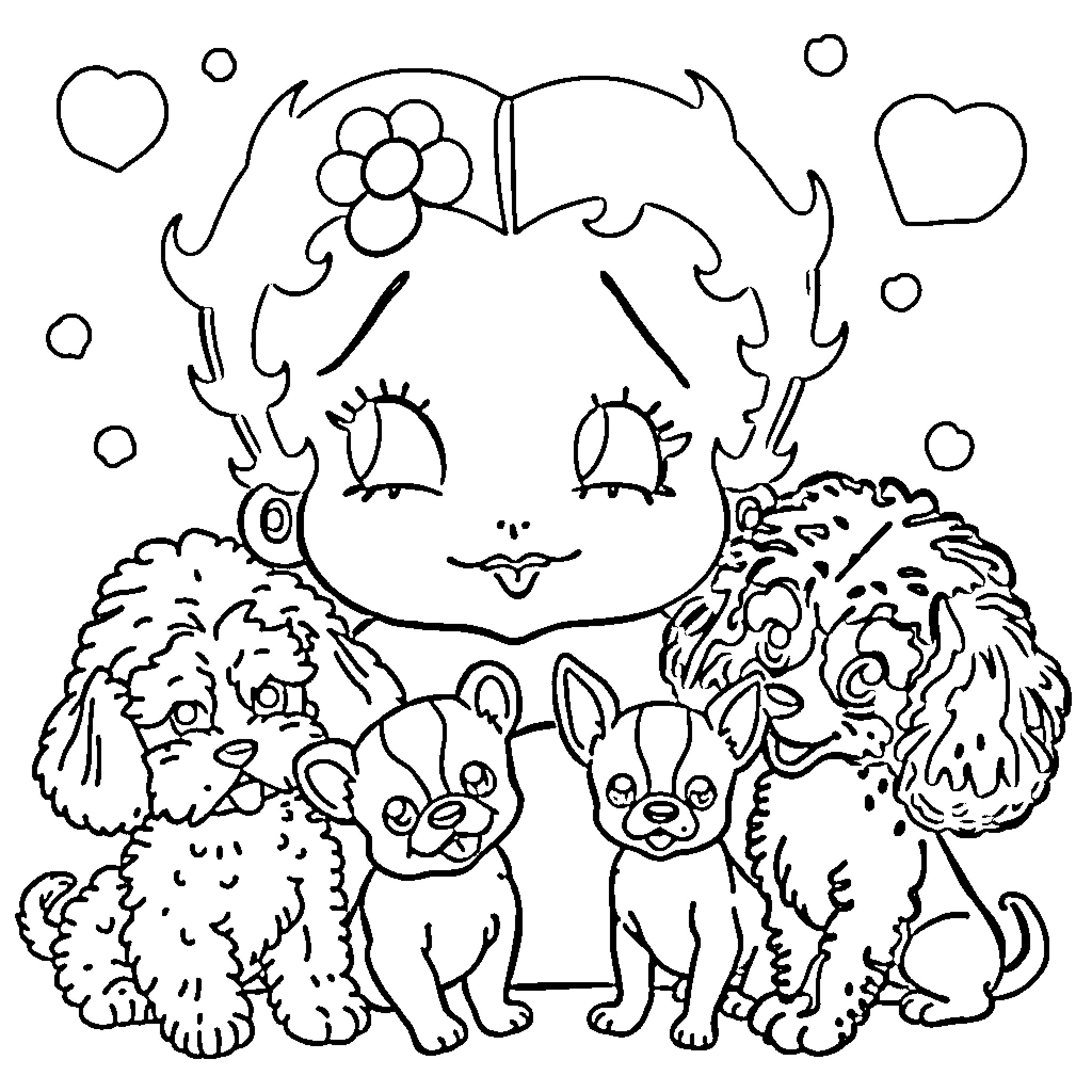 Betty Boop surrounded by adorable puppies Coloring Page (free black-and-white line drawing printable PDF for all, from beginners to advanced learners, including children, teens, adults, and seniors)