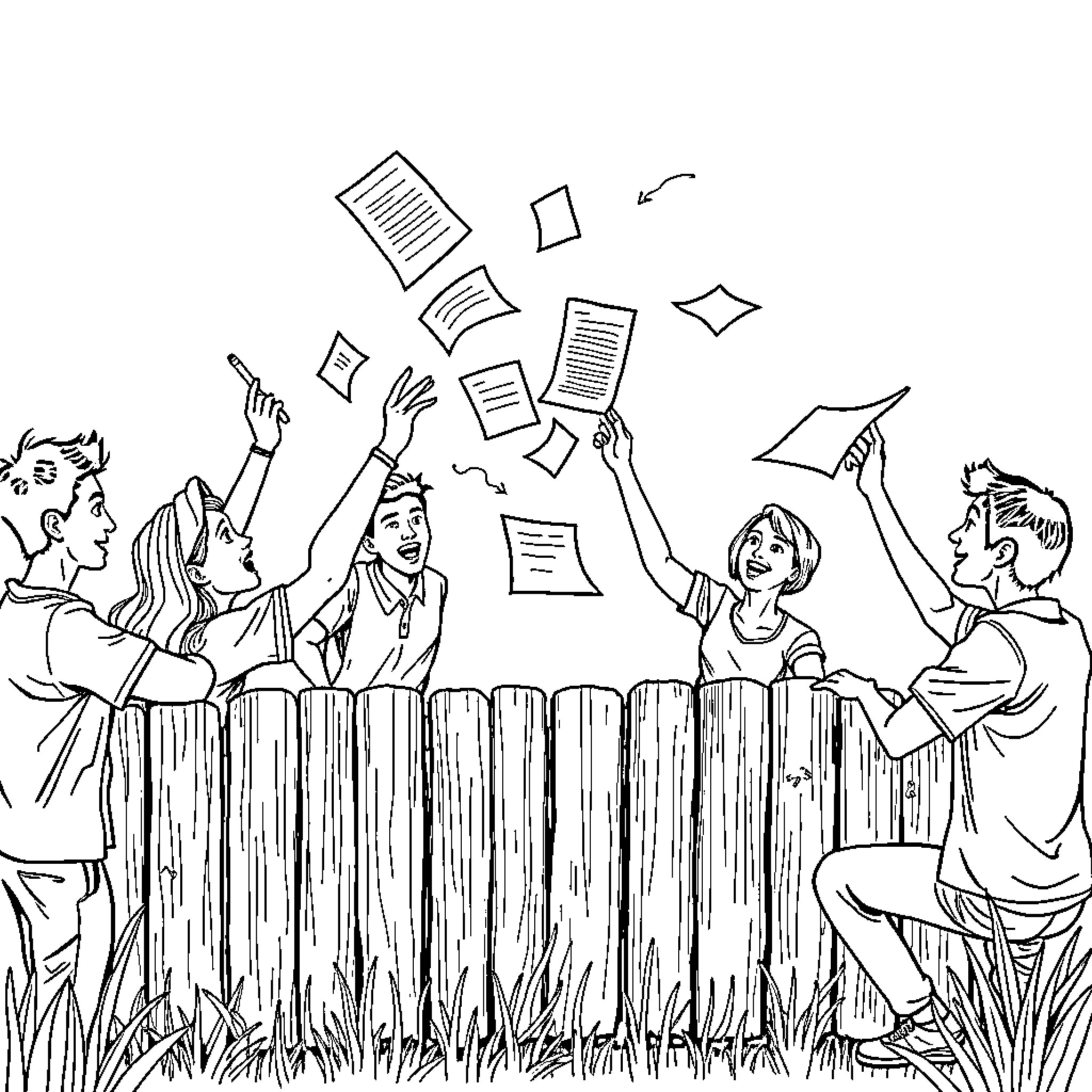 Meeting of Creative Minds Brainstorming Ideas Coloring Page (free black-and-white line drawing printable PDF for all, from beginners to advanced learners, including children, teens, adults, and seniors)