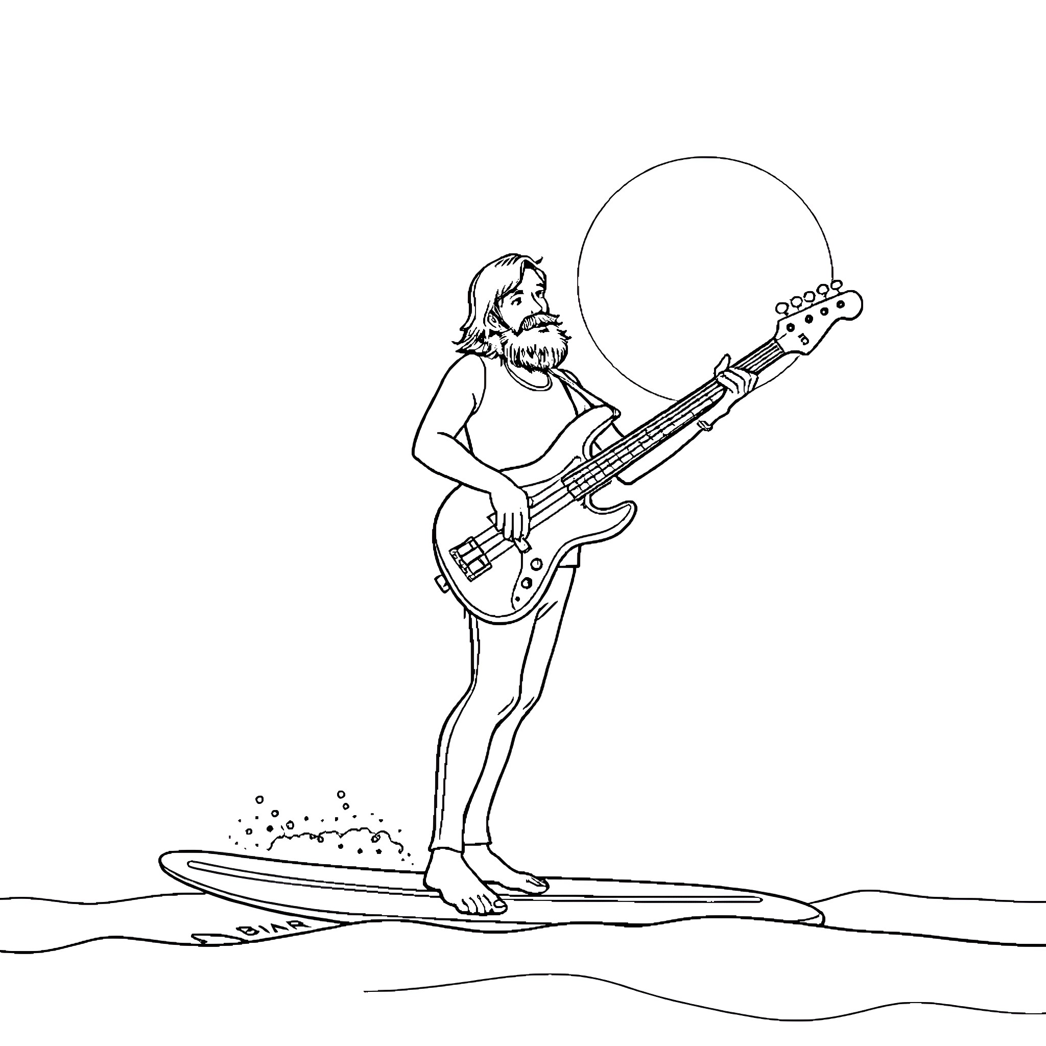 Brian Wilson playing electric guitar on a surfboard Coloring Page (free black-and-white line drawing printable PDF for all, from beginners to advanced learners, including children, teens, adults, and seniors)