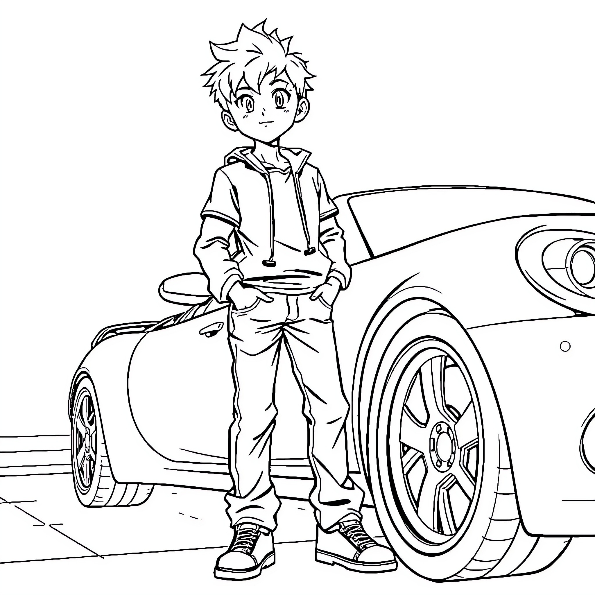 Boy admiring his new sports car Coloring Page (free black-and-white line drawing printable PDF for all, from beginners to advanced learners, including children, teens, adults, and seniors)
