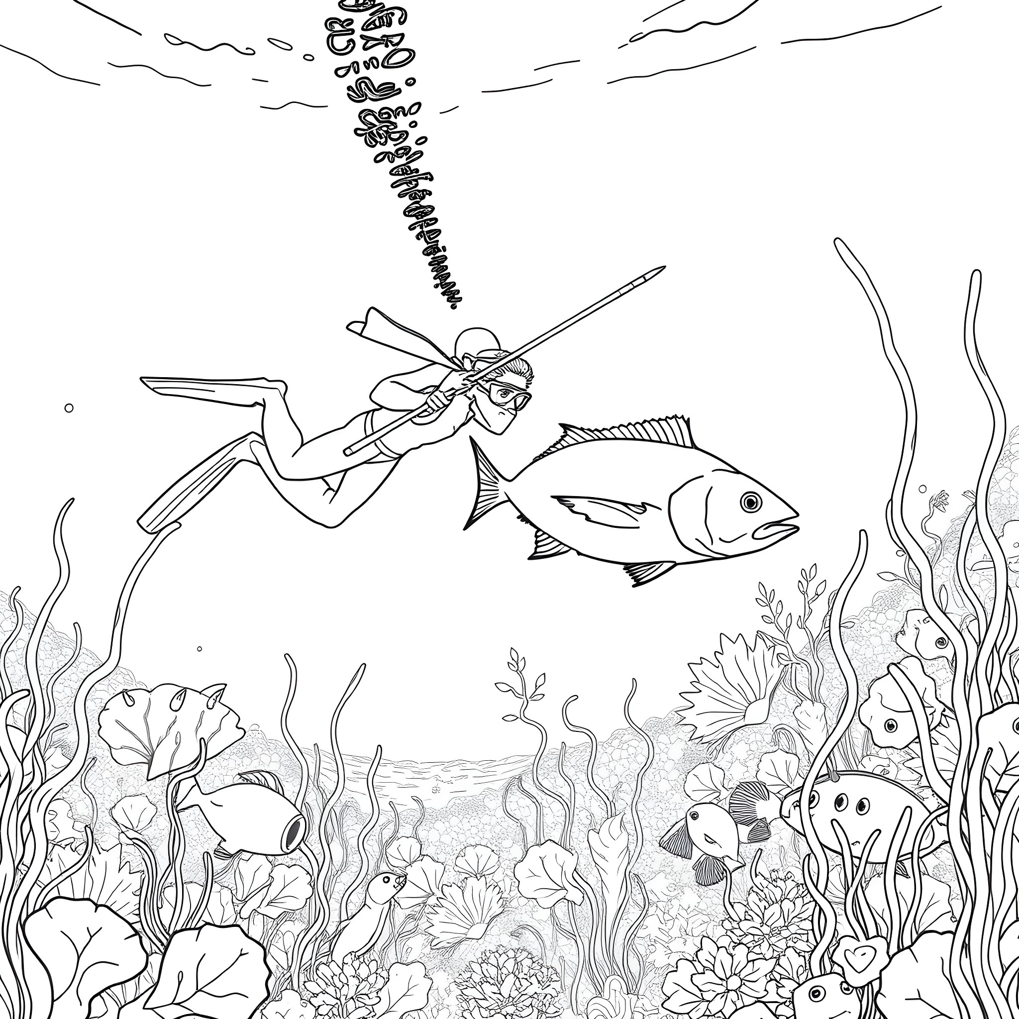 Freediver exploring underwater coral reef Coloring Page (free black-and-white line drawing printable PDF for all, from beginners to advanced learners, including children, teens, adults, and seniors)