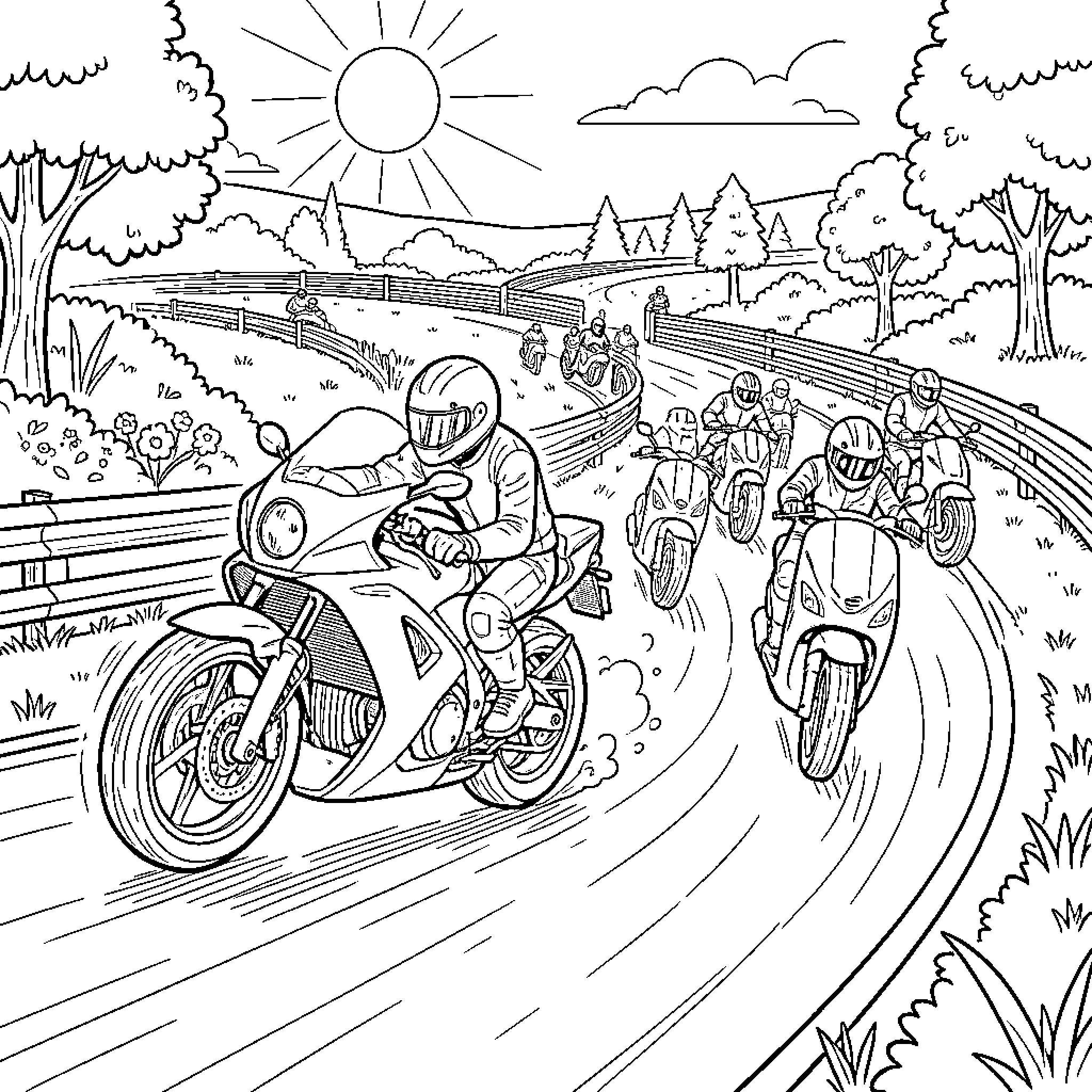 Motorcycle riders racing on winding road through scenic landscape Coloring Page (free black-and-white line drawing printable PDF for all, from beginners to advanced learners, including children, teens, adults, and seniors)