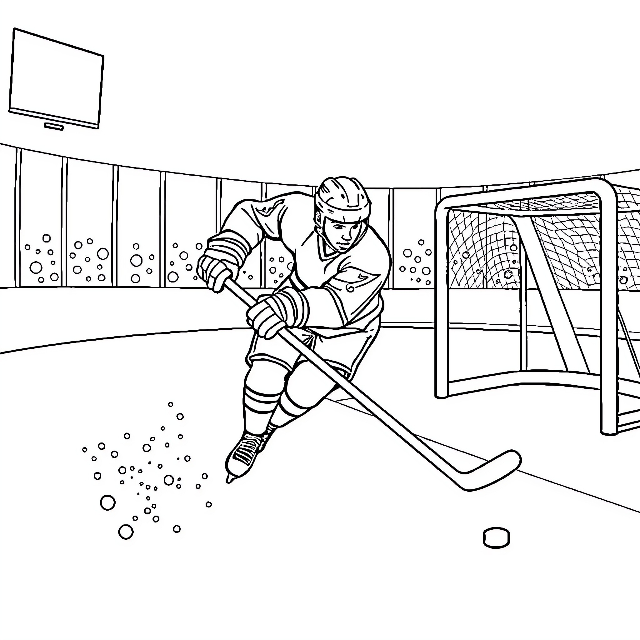 Hockey Player on the Ice Rink Coloring Page (free black-and-white line drawing printable PDF for all, from beginners to advanced learners, including children, teens, adults, and seniors)