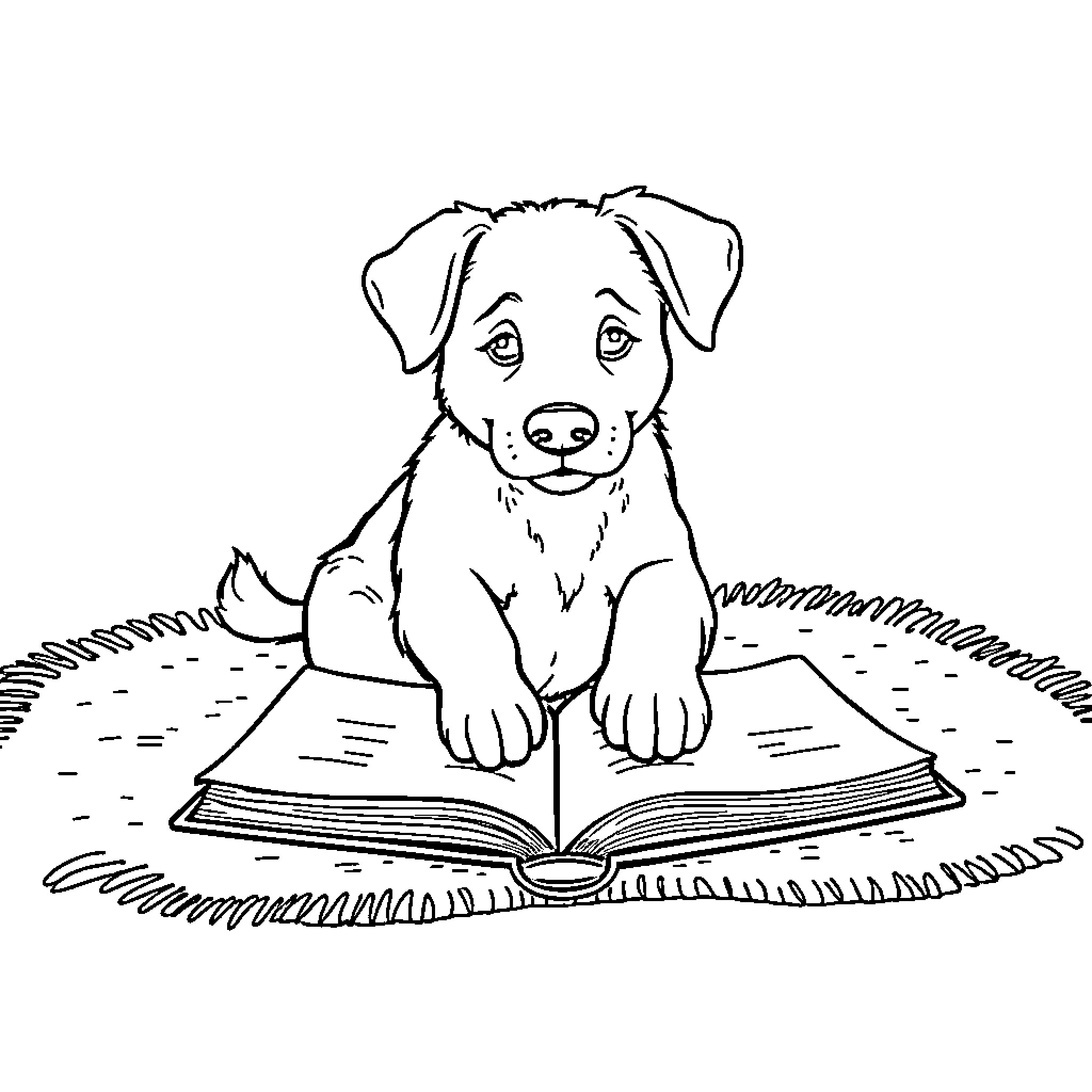 Dog reading a book on the grass Coloring Page (free black-and-white line drawing printable PDF for all, from beginners to advanced learners, including children, teens, adults, and seniors)