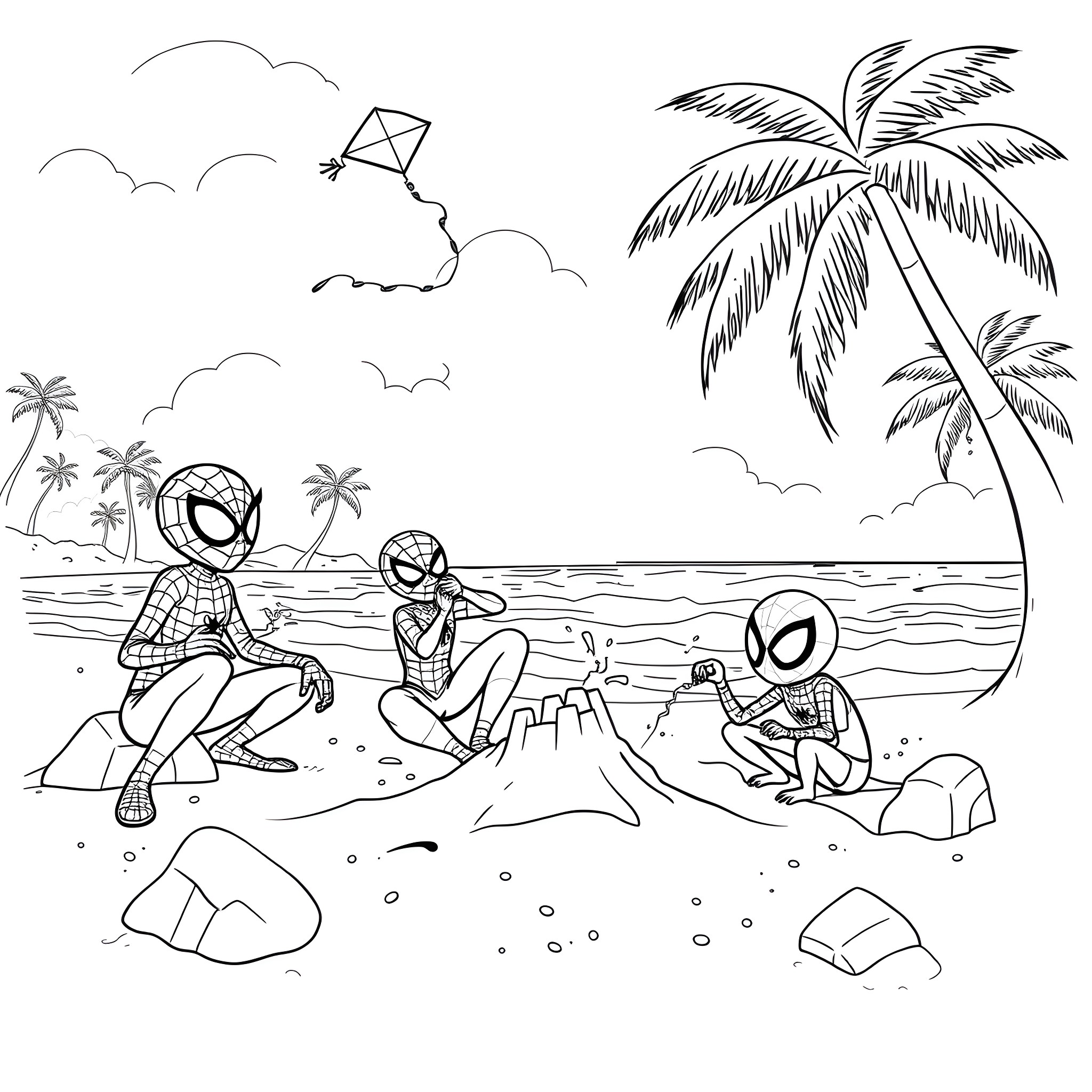 Spidey's Beach Adventure with Friends Coloring Page (free black-and-white line drawing printable PDF for all, from beginners to advanced learners, including children, teens, adults, and seniors)