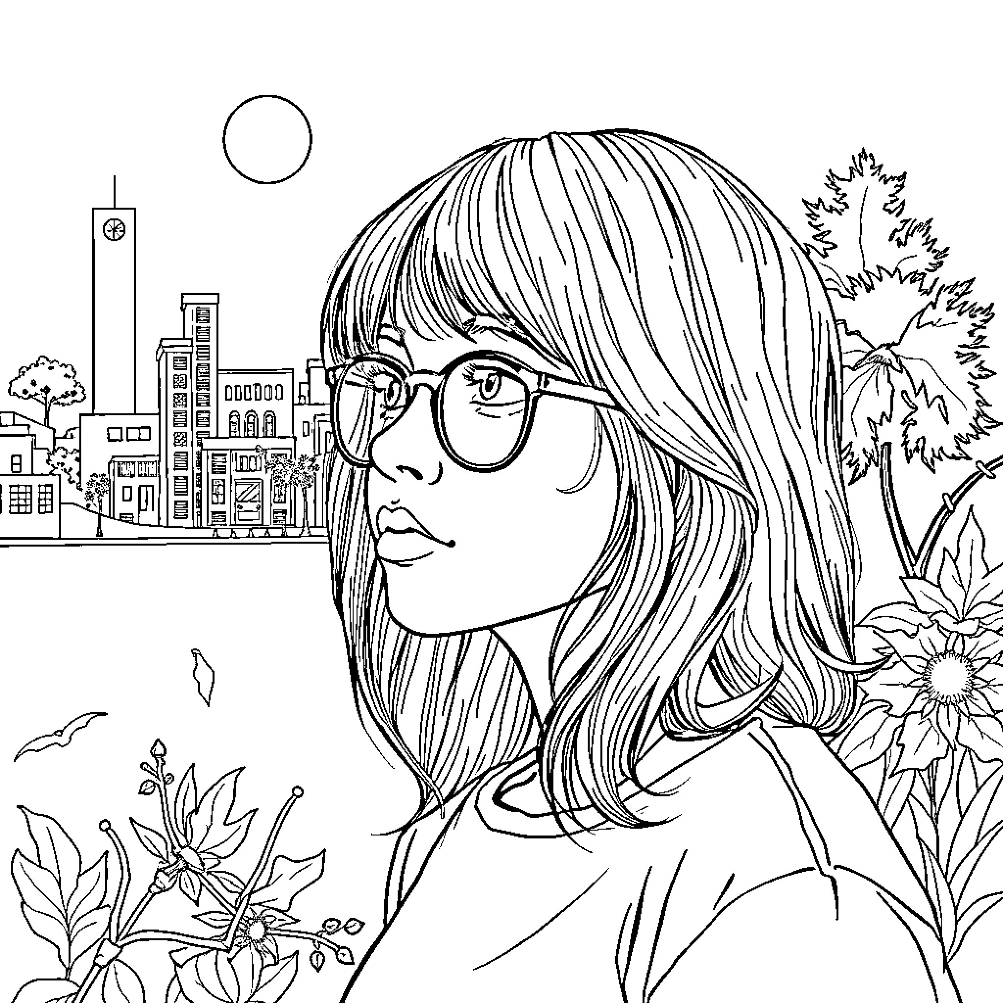 Who Examines the City and Flora Around Coloring Page (free black-and-white line drawing printable PDF for all, from beginners to advanced learners, including children, teens, adults, and seniors)